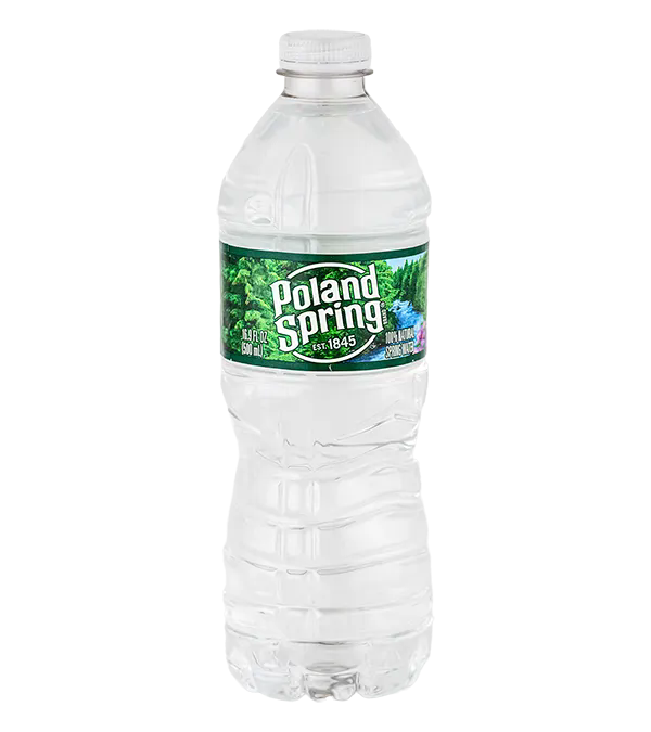 A clear plastic bottle of Poland Spring bottled water with a green label showing a forest and a mountain stream.
