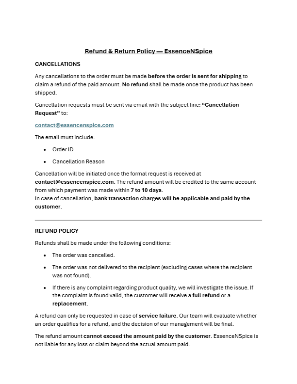 Screenshot of a refund and return policy for EssenceNSpice, including cancellation and refund conditions.