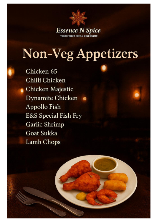 Menu board for Essence N Spice listing non-vegetarian appetizers, including chicken, fish, shrimp, goat, and lamb dishes, with a plate of fried food and dipping sauce at the bottom.