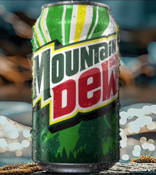 A Mountain Dew soda can with water droplets on it, set against a blurred outdoor background.