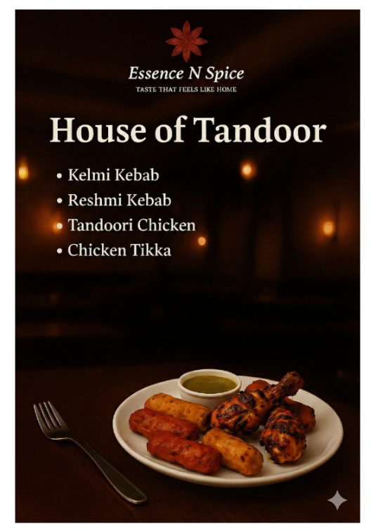 A menu board displays Indian cuisine options from House of Tandoor, including Kelmi Kebab, Reshmi Kebab, Tandoori Chicken, and Chicken Tikka, with a plate of grilled kebabs and sauce in the foreground.