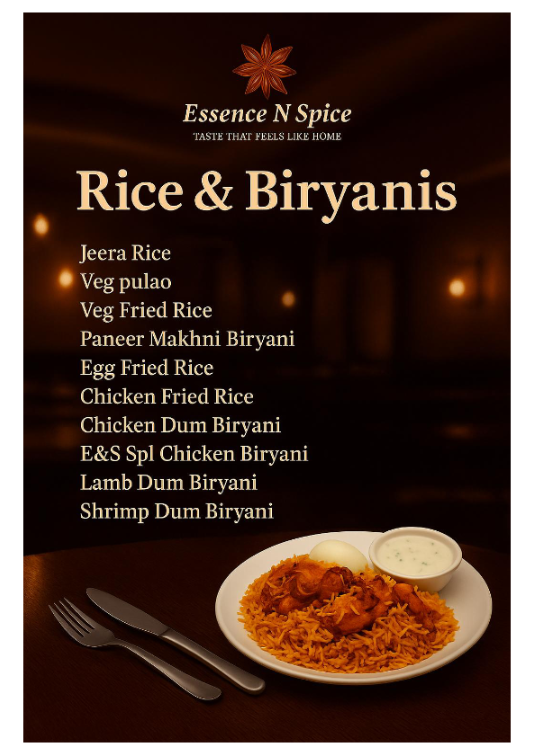 Menu for Essence N Spice featuring various rice and biryani dishes with a plate of biryani, egg, and sauce alongside cutlery.