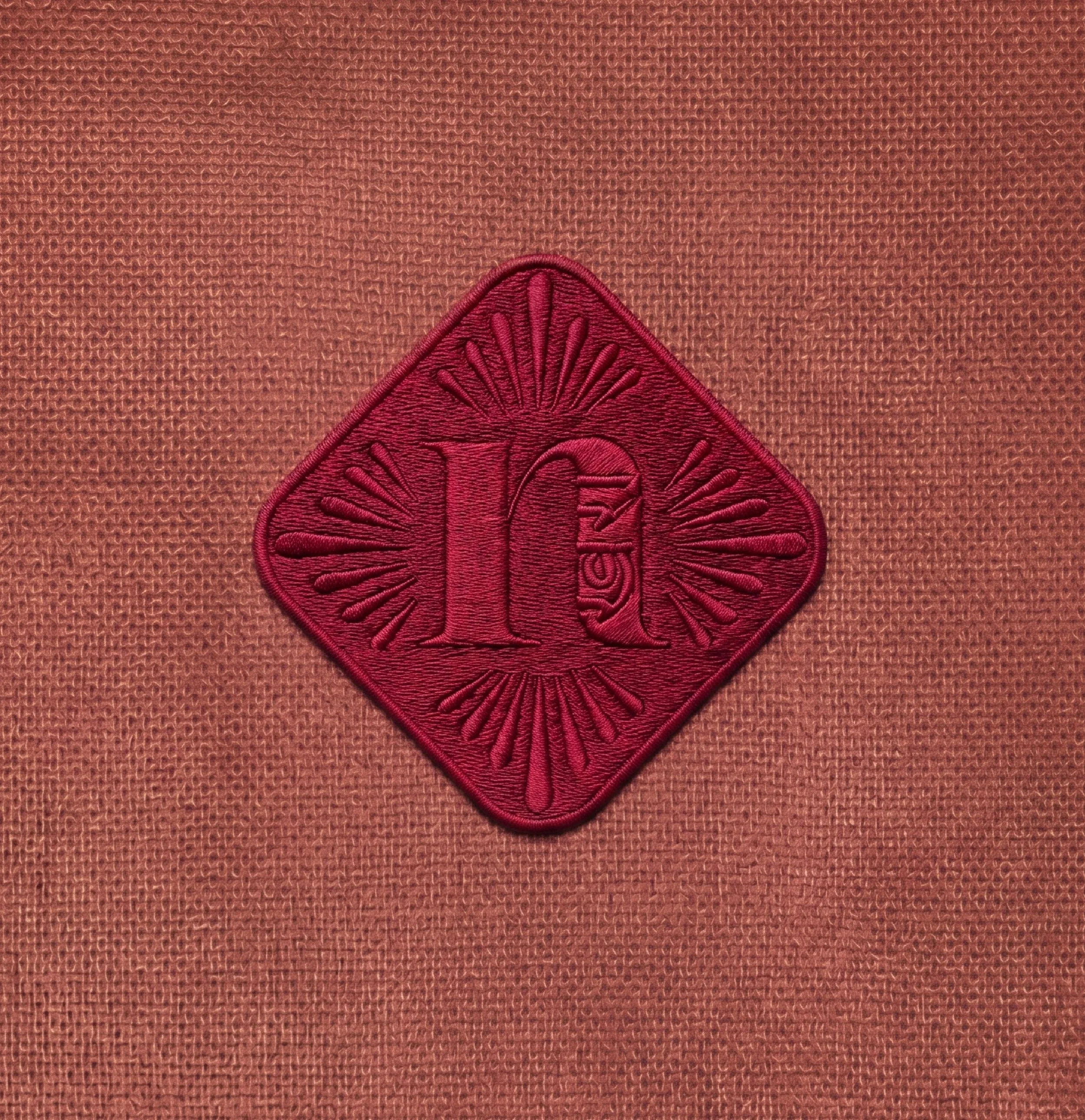 Close-up of a red fabric with a heart-shaped embroidery of an umbrella with a floral pattern underneath.