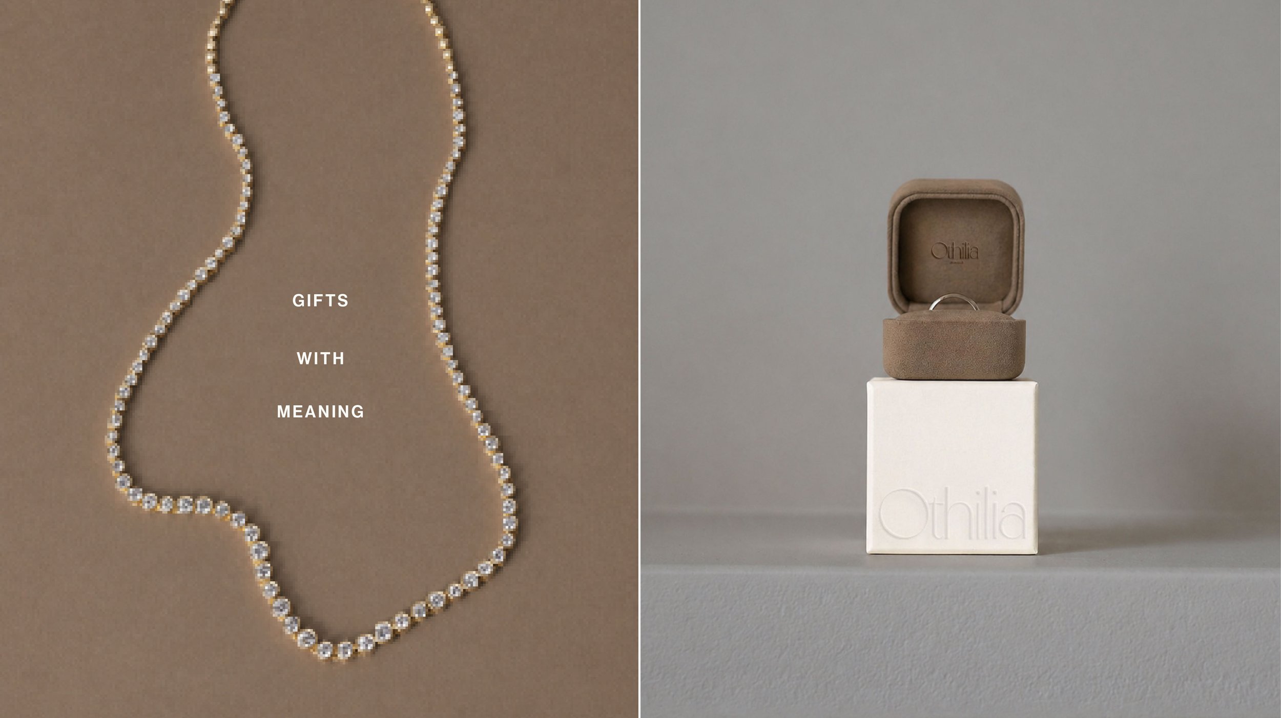 A diamond necklace with the words "GIFTS WITH MEANING" written across it on a brown background. On the right, a jewelry ring in a beige suede box on a white stand with a gray background.