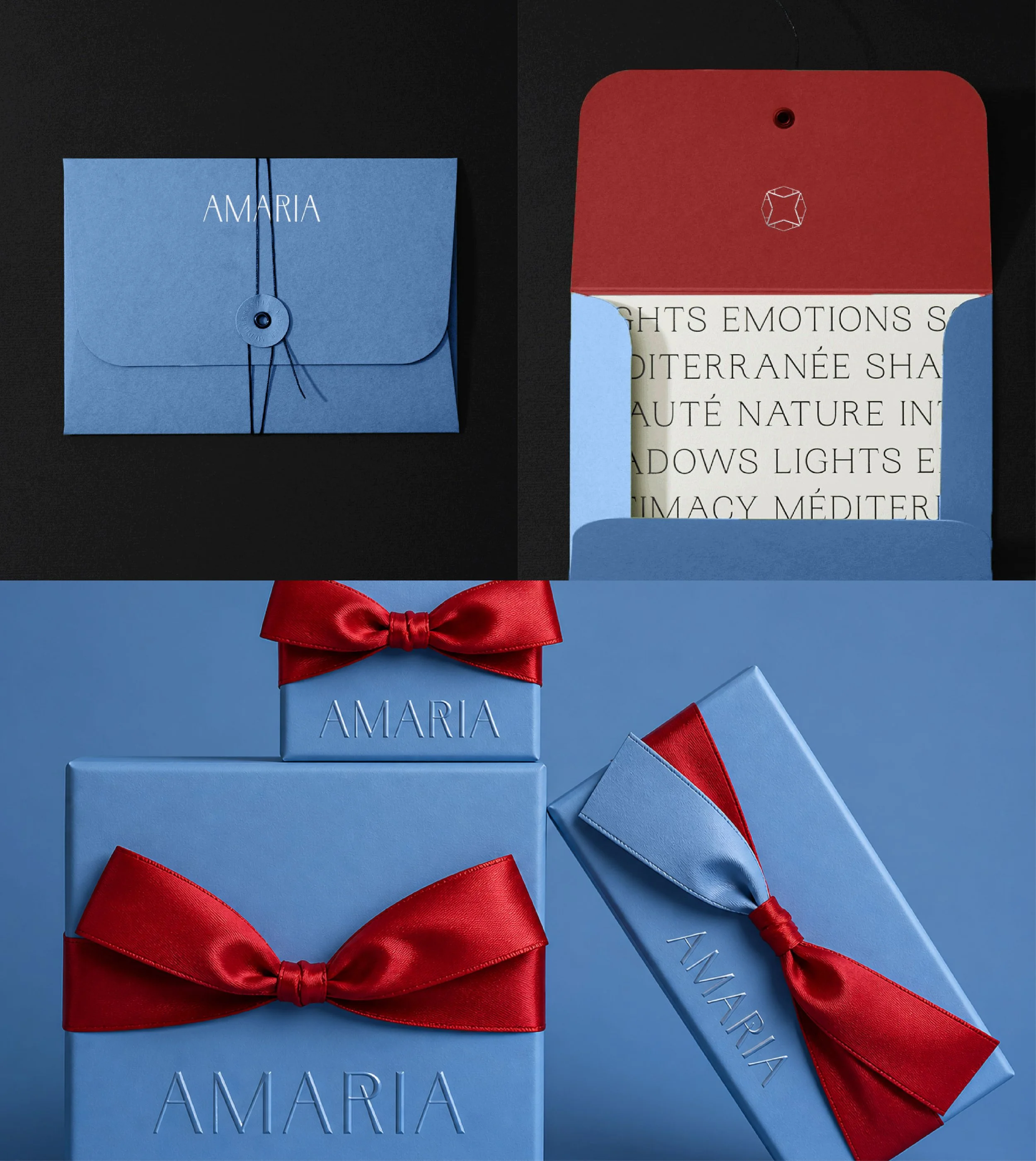 Blue gift box with a red ribbon bow, a blue envelope with the name 'AMARIA', and a red and blue package with a red ribbon, arranged on a black background.