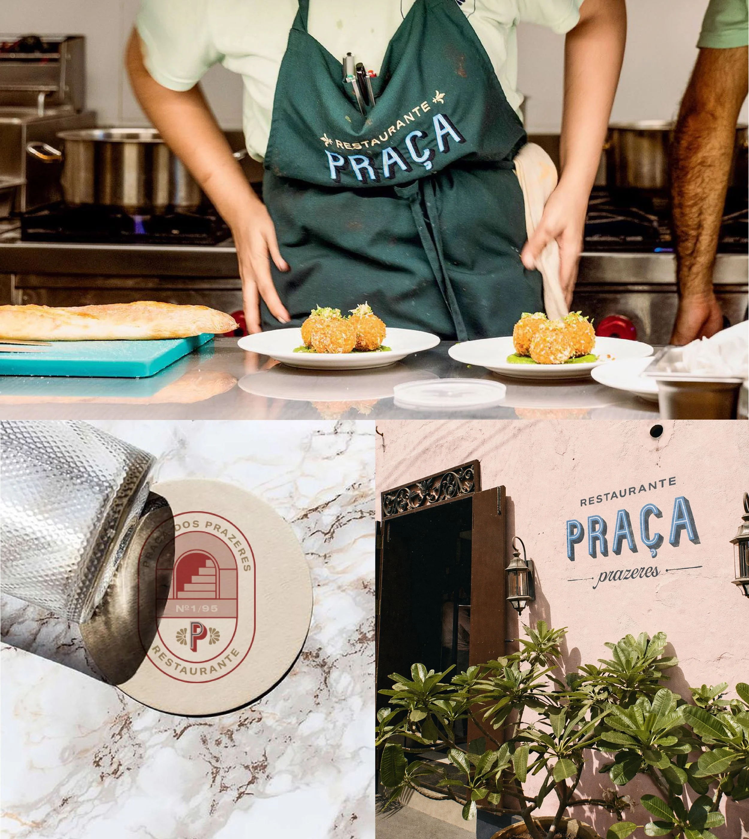A chef in a green apron and apron with the words 'Restaurante Praça' is preparing dishes in a kitchen. Plates with food are on the counter, and there are plants and decorative elements on the wall.