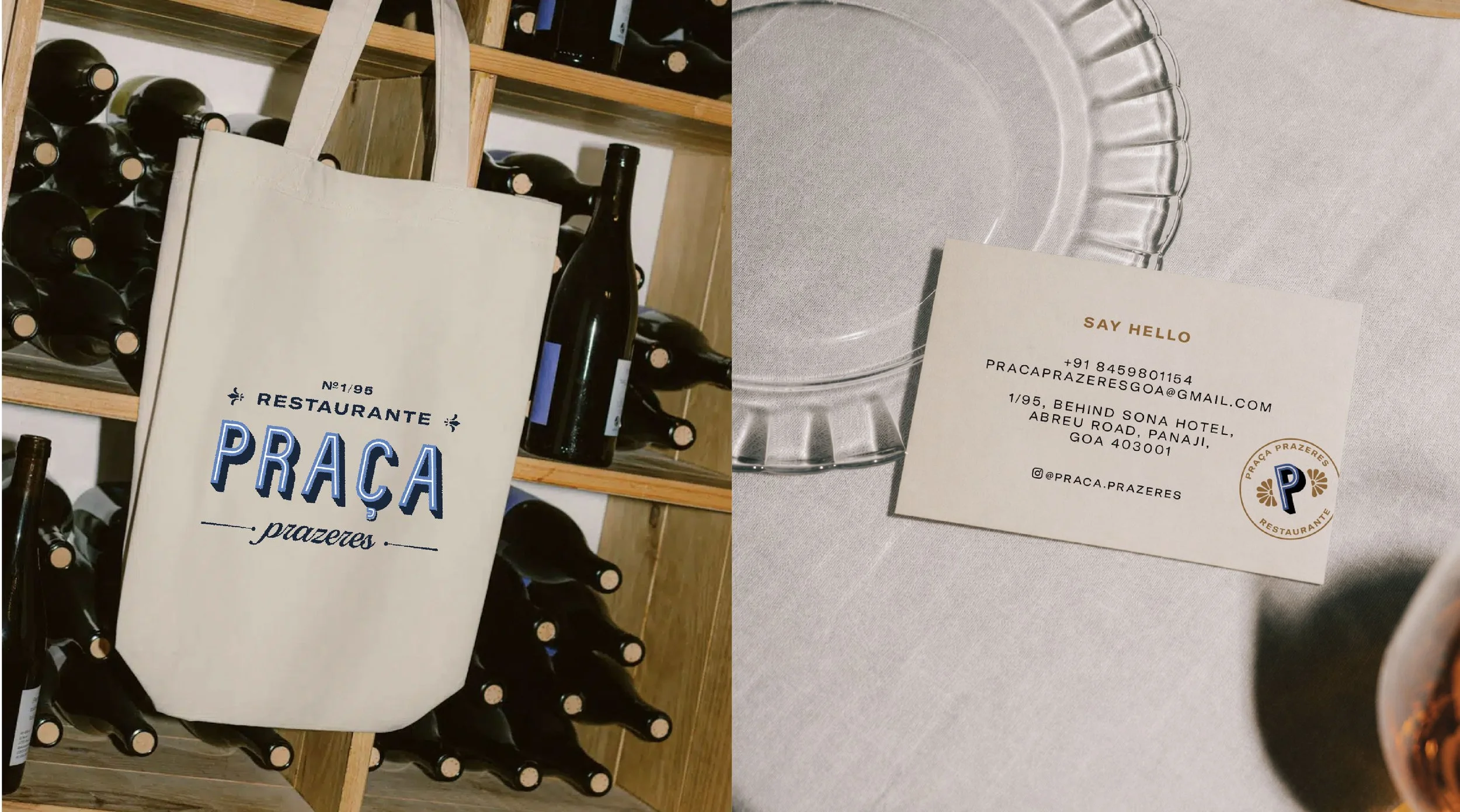 Two images showing wine bottles and related items. The first image shows a wooden wine rack filled with many bottles of wine and a white shopping bag with the word 'Praca' and other text on it. The second image features a clear glass plate with a bus