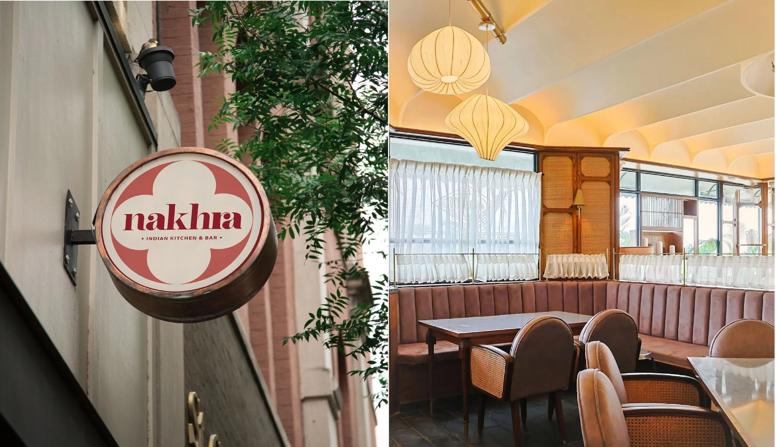 The left side of the image shows a sign for Nakhra Indian Kitchen & Bar attached to a wall outside, with greenery around. The right side shows the interior of a restaurant with warm lighting, decorative lamps, large windows with curtains, a curved bo
