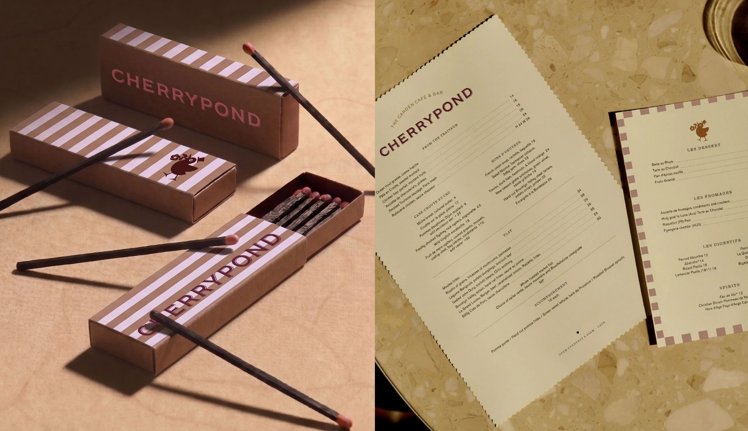 Left side: three matchboxes labeled CherryPond with striped patterns, two matches resting on each box. Right side: menus from a restaurant named CherryPond, listing food, desserts, cheeses, and spirits, placed on a light-colored marble or granite sur