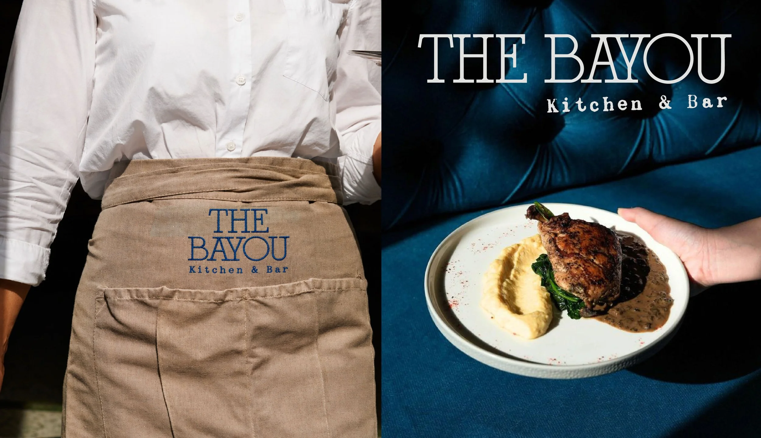 A split image with the left side showing a person wearing a white shirt and a beige apron with 'THE BAYOU Kitchen & Bar' embroidered on it. The right side shows a plate of food with a piece of roasted meat, mashed potatoes, and greens, set against a 