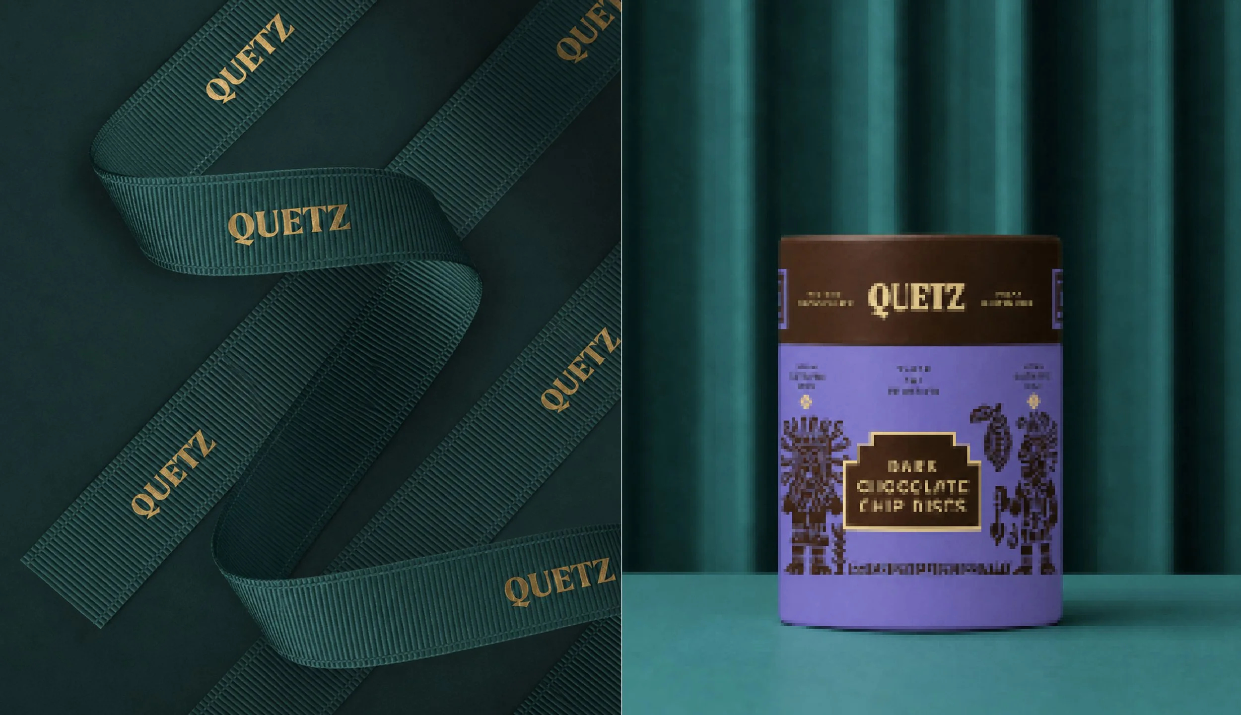 A close-up view of teal-colored ribbon with the word 'QUETZ' printed in gold, laid out on a dark surface. Next to it, there is a purple packet with a QR code and the name 'Dark Chocolate Chip Cookies' written on it, set against teal fabric curtains.