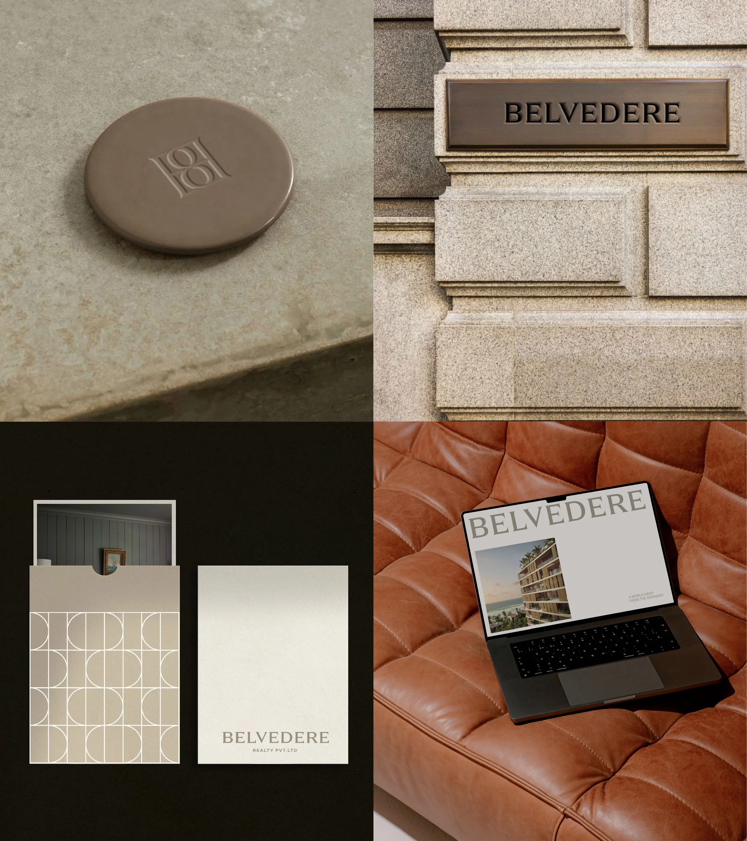 Close-up of a brown circular object with the word "belvedere" inscribed on it, placed on a beige stone surface. The other side of the image shows a building with a sign reading "Belvedere" on a stone wall, and a laptop showing a real estate brochure 
