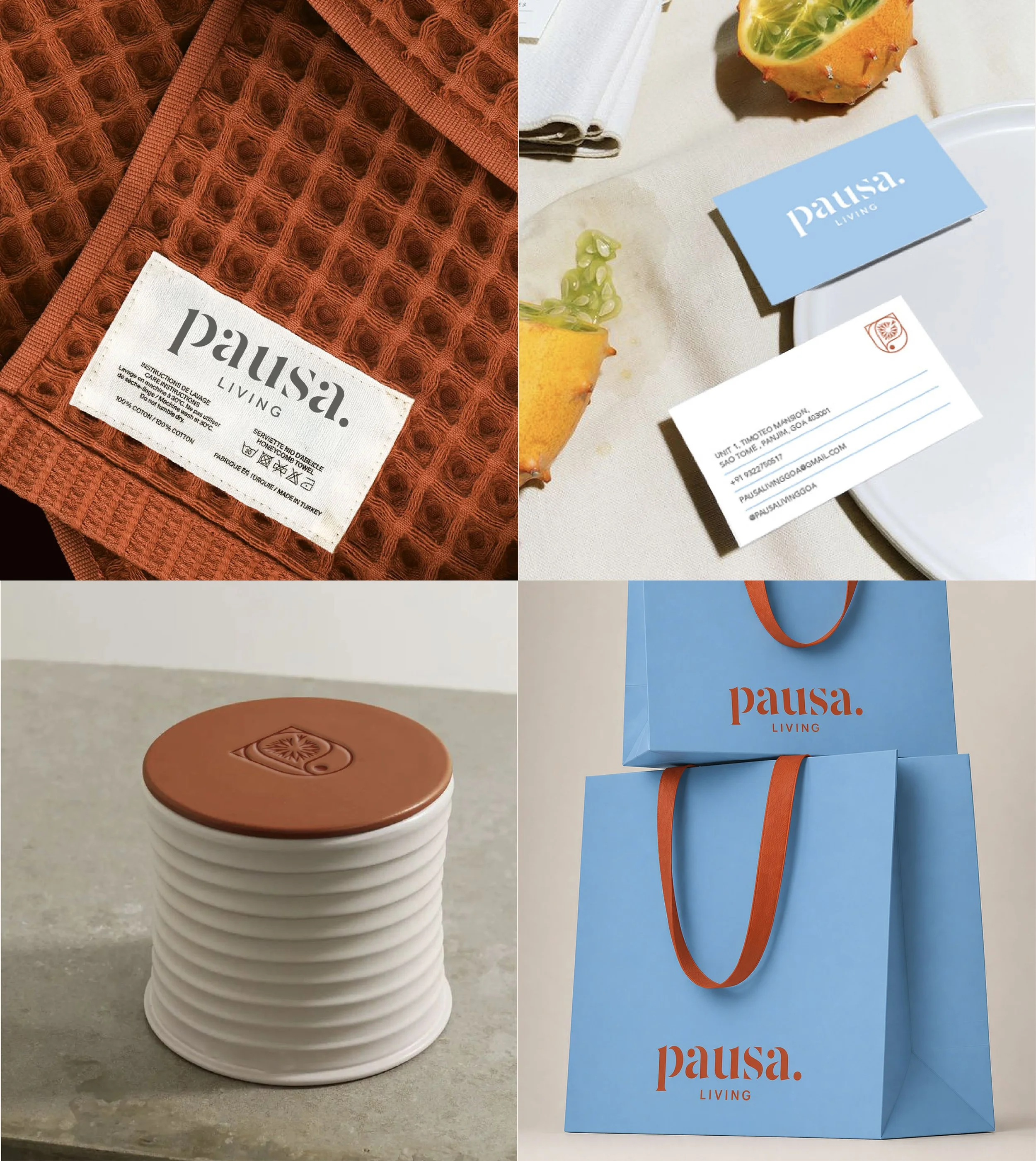 Stack of white disposable cups with a plastic lid on top, featuring a citrus fruit illustration, placed on a smooth surface. Next to it are professionally designed paper shopping bags with handles, labeled 'pausa. LIVING', on a light-colored table wi