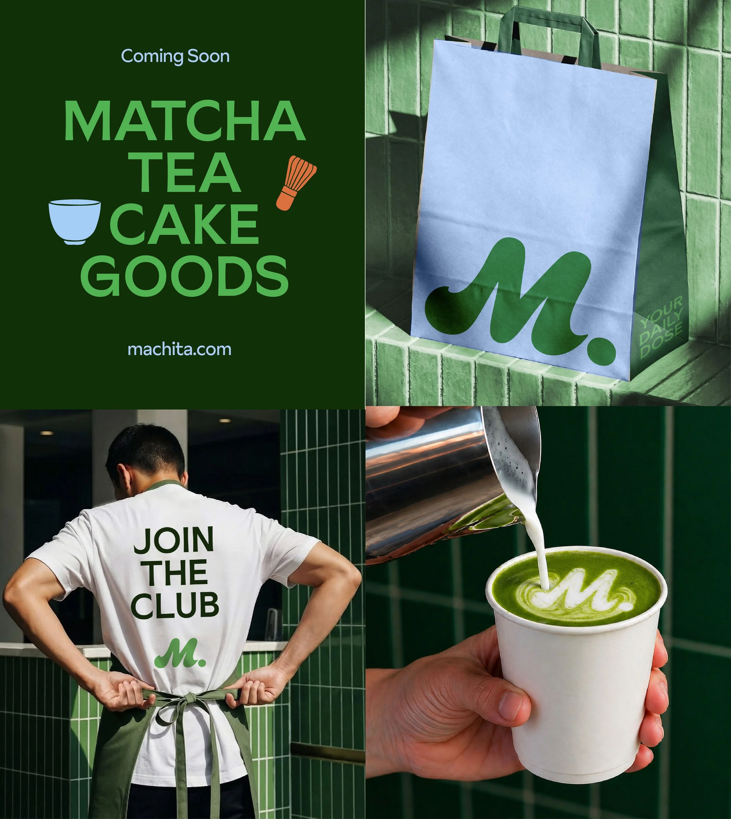 A collage with four images promoting matcha tea products and club membership. The top left has green text on a dark green background that reads 'Coming Soon, Matcha Tea Cake Goods,' and the website 'machita.com.' The top right shows a paper bag with 
