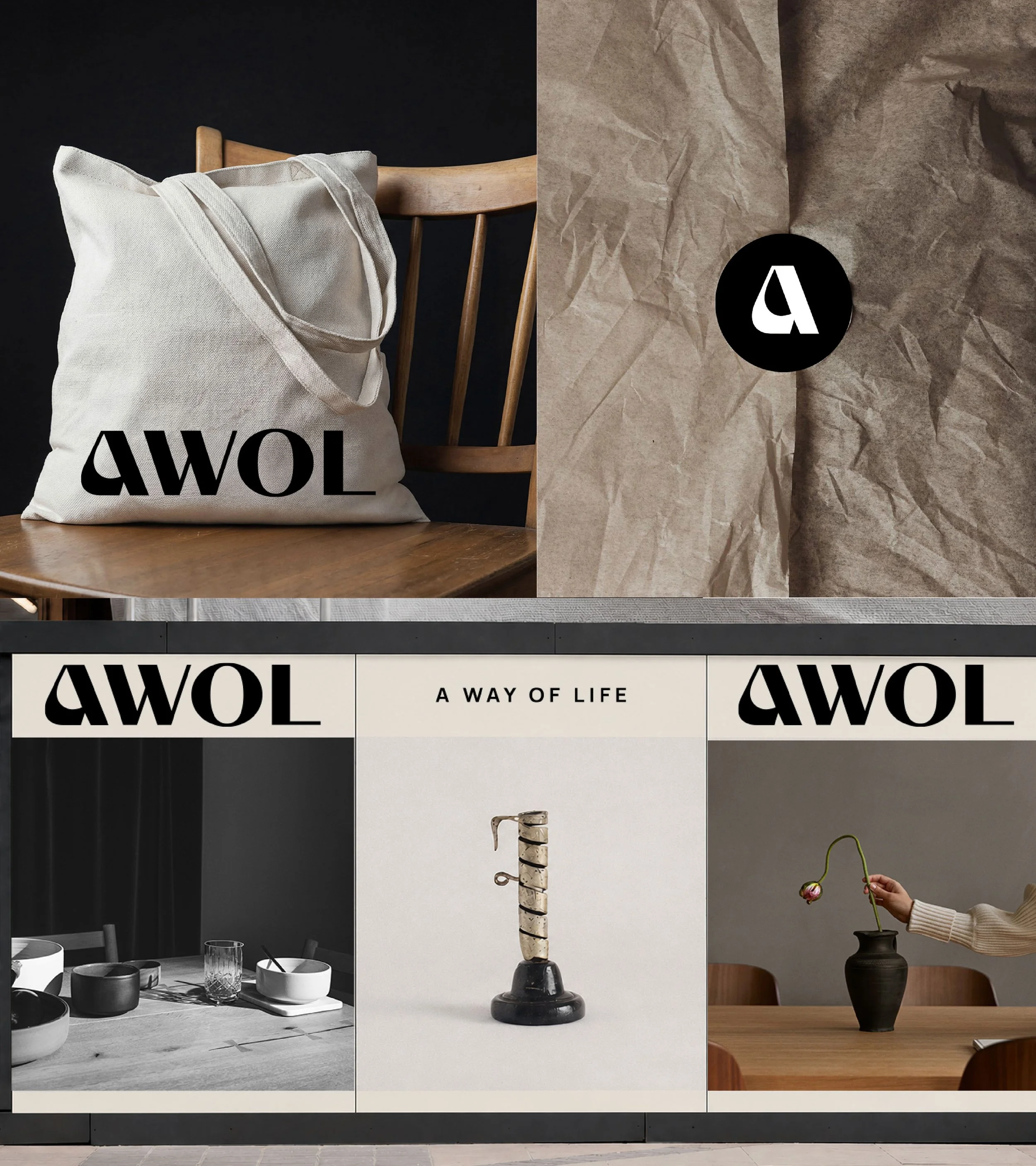 A collage of interior decor including a beige tote bag on a wooden chair against a dark background, crumpled brown paper with a black circle and white 'A' logo, black and white signage with the words 'A WAY OF LIFE,' and a tabletop with black and whi