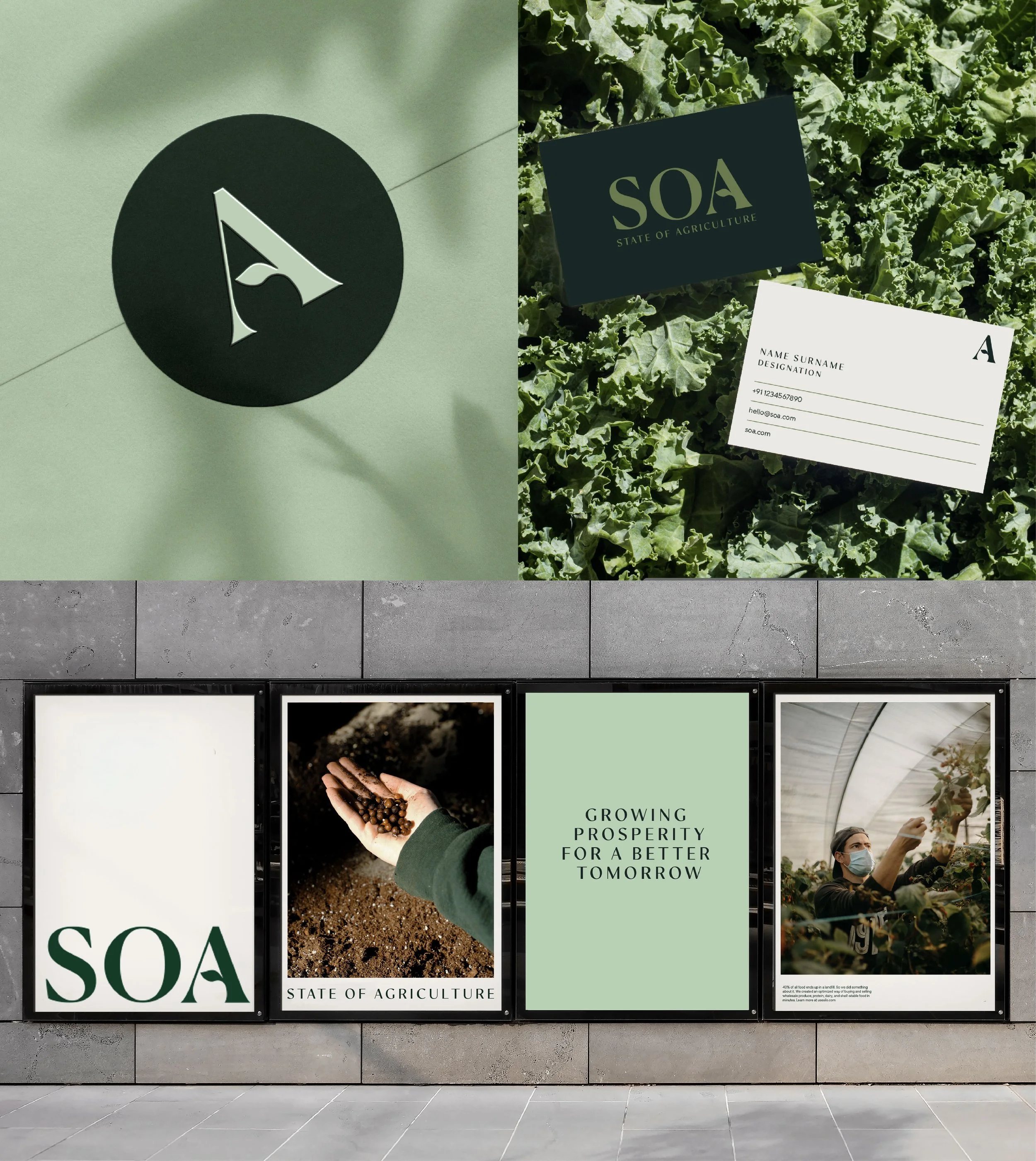 Exhibition wall with posters promoting agriculture and sustainability. The posters include images of soil, a person holding seeds, and text about growing prosperity for a better tomorrow. The wall has a stone tiled base and the poster layout is in a 