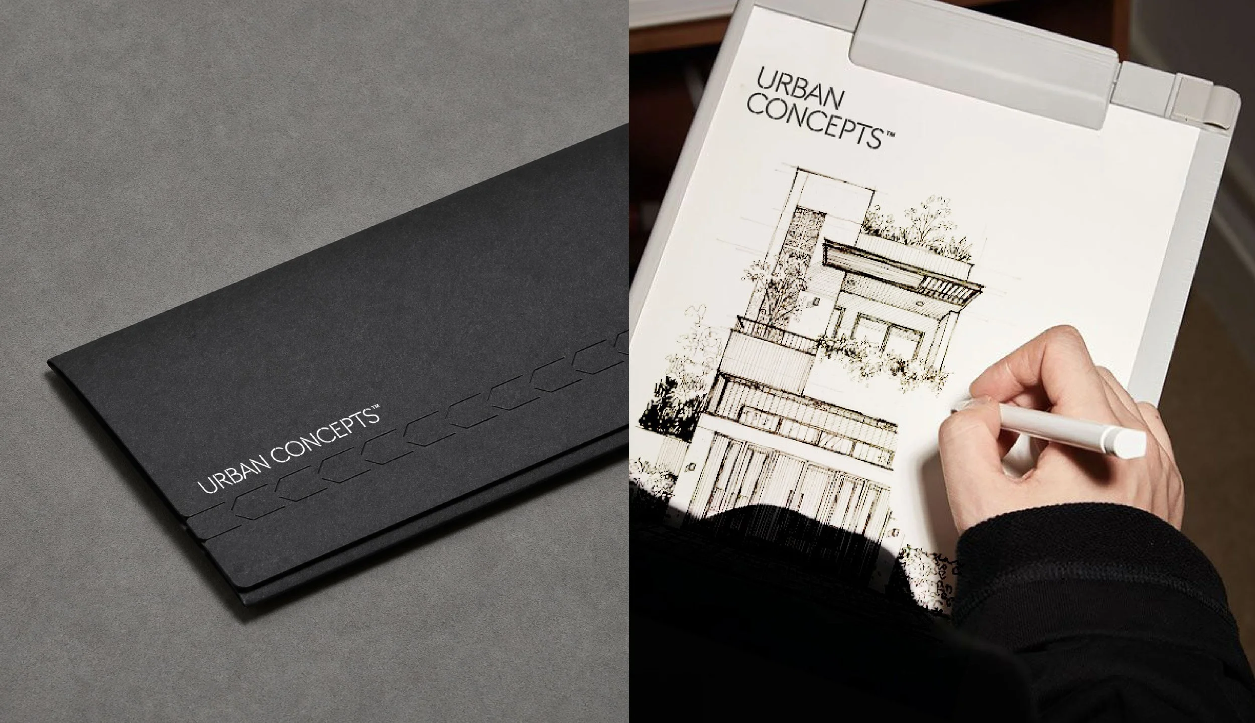 Two images: Left shows a black folder with "Urban Concepts" printed on it, positioned on a gray surface; right shows a person sketching architectural plans of a building on a white paper.