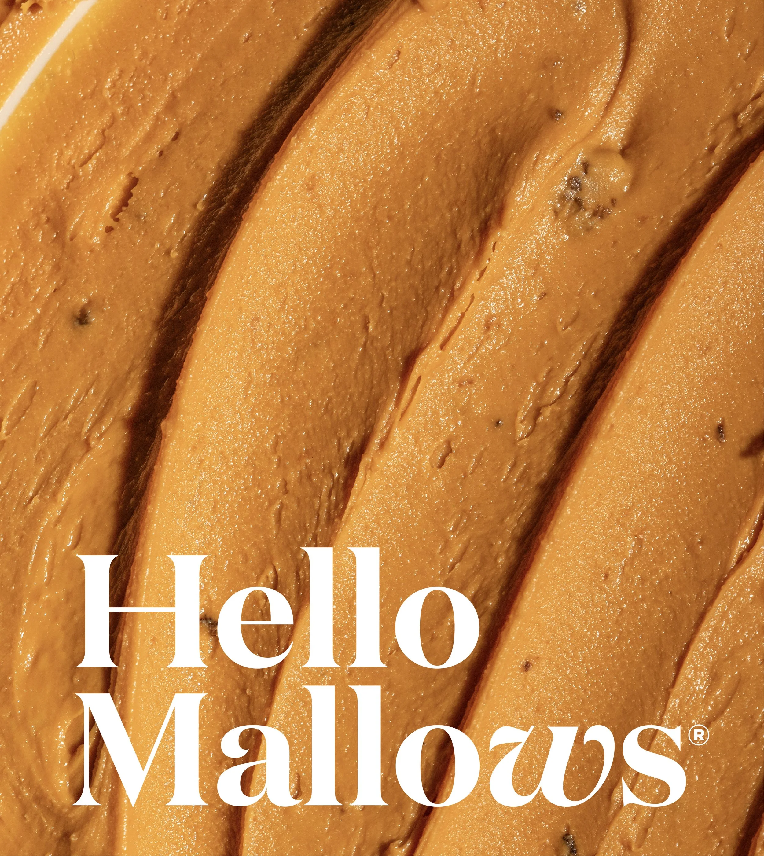 Close-up of sliced caramel with a smooth, glossy surface and small dark specks, overlayed with white text reading "Hello".