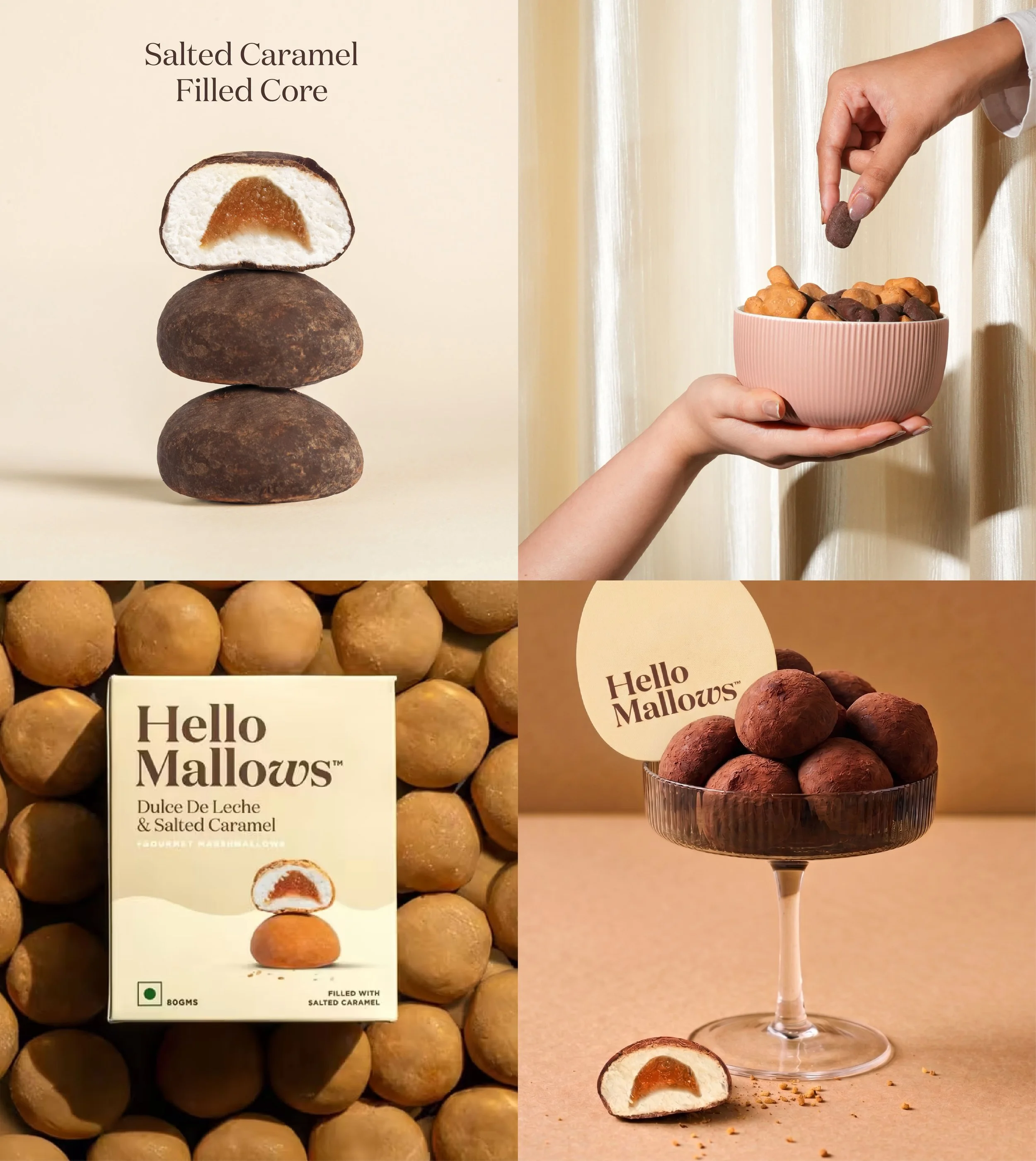 A stacked display of salted caramel filled cookies with a package labeled "Hello Mallows" on a yellow background, and a hand placing cookies into a pink bowl, with a halved cookie showing the caramel filling.
