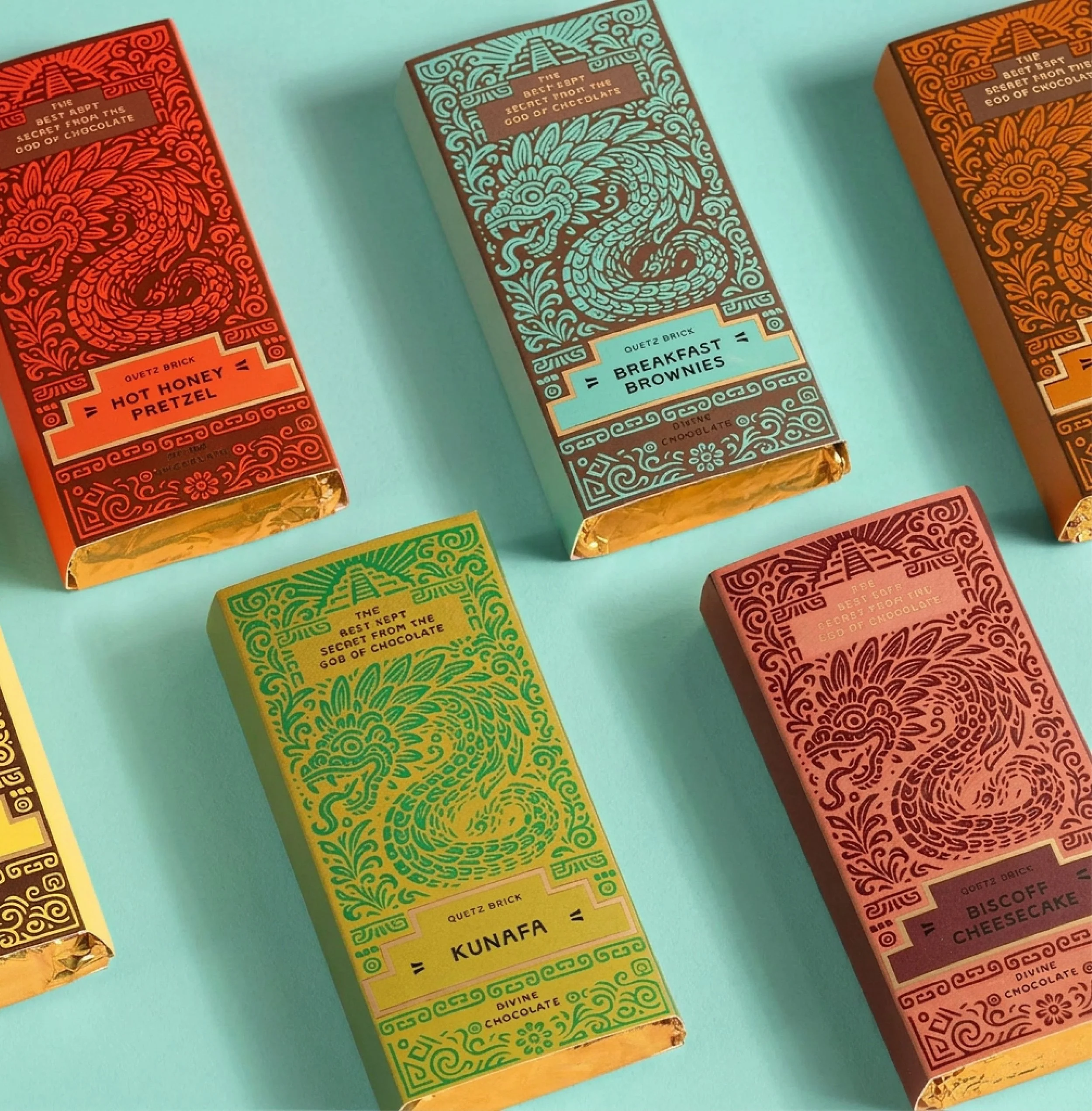 Colorful chocolate bar packaging with intricate tribal-style patterns and labels indicating flavors such as 'Hot Honey Pretzel', 'Breakfast Brownies', 'Kunafa', and others, set against a teal background.