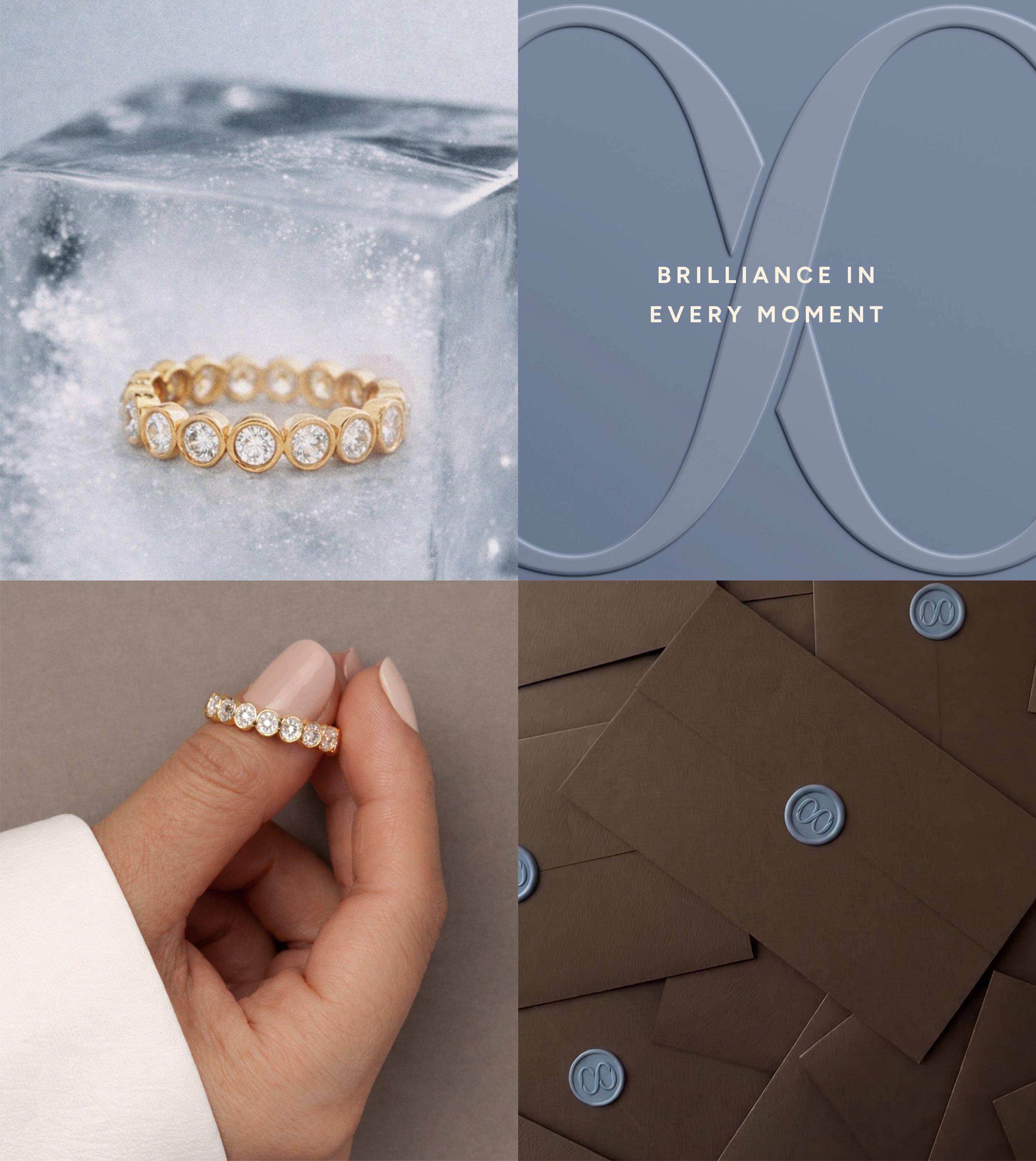 Close-up of a person holding a gold ring with multiple round diamonds in a line, against a background of a jewelry display with a glass box and a statement on the wall that reads 'Brilliance in Every Moment'.