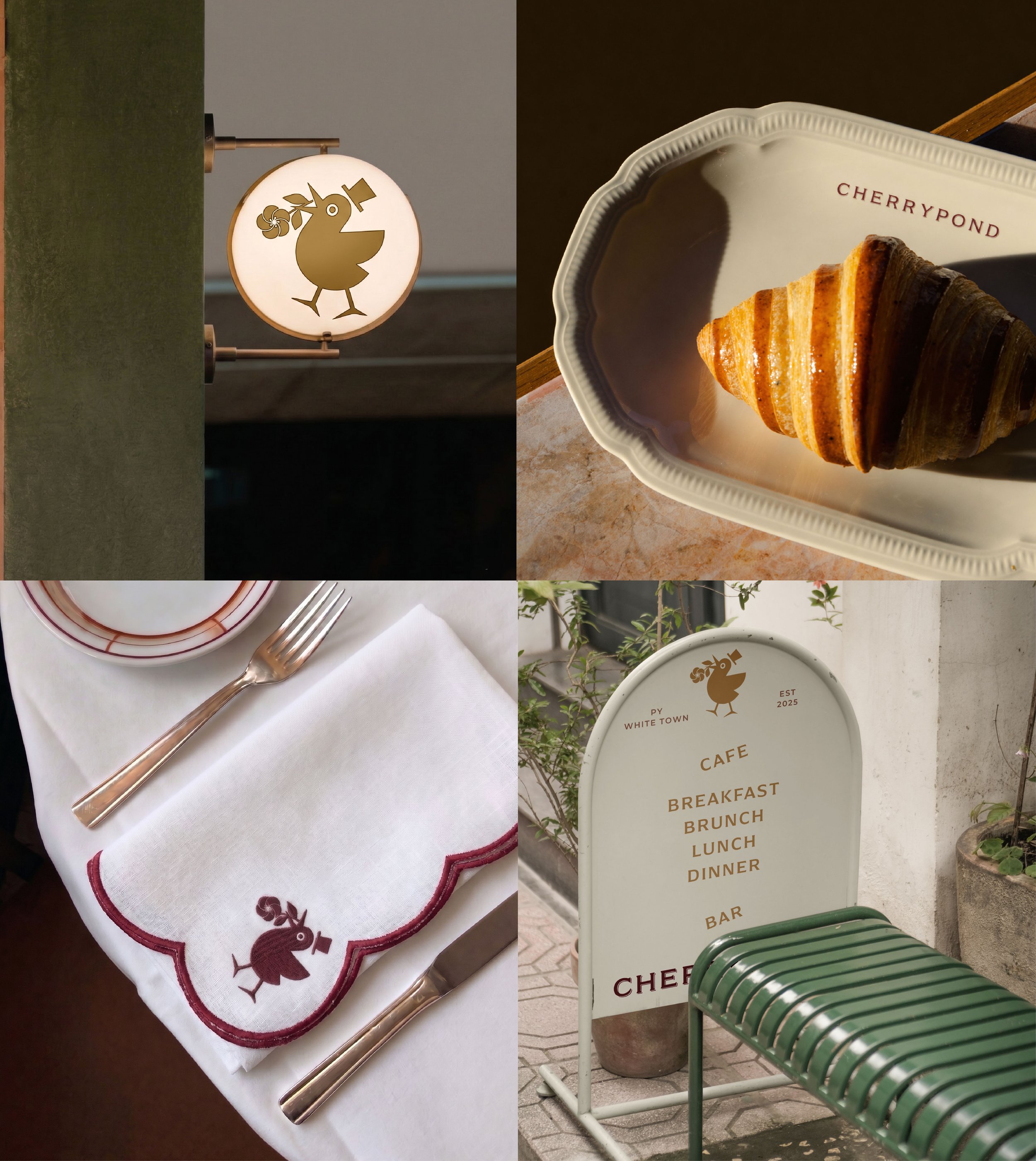 A split-screen image showing a cozy cafe setting. On the left, a white tablecloth with a red embroidered border, a silver spoon, and a white napkin with a red border and a small chicken illustration. On the right, a white dining area sign with the ch