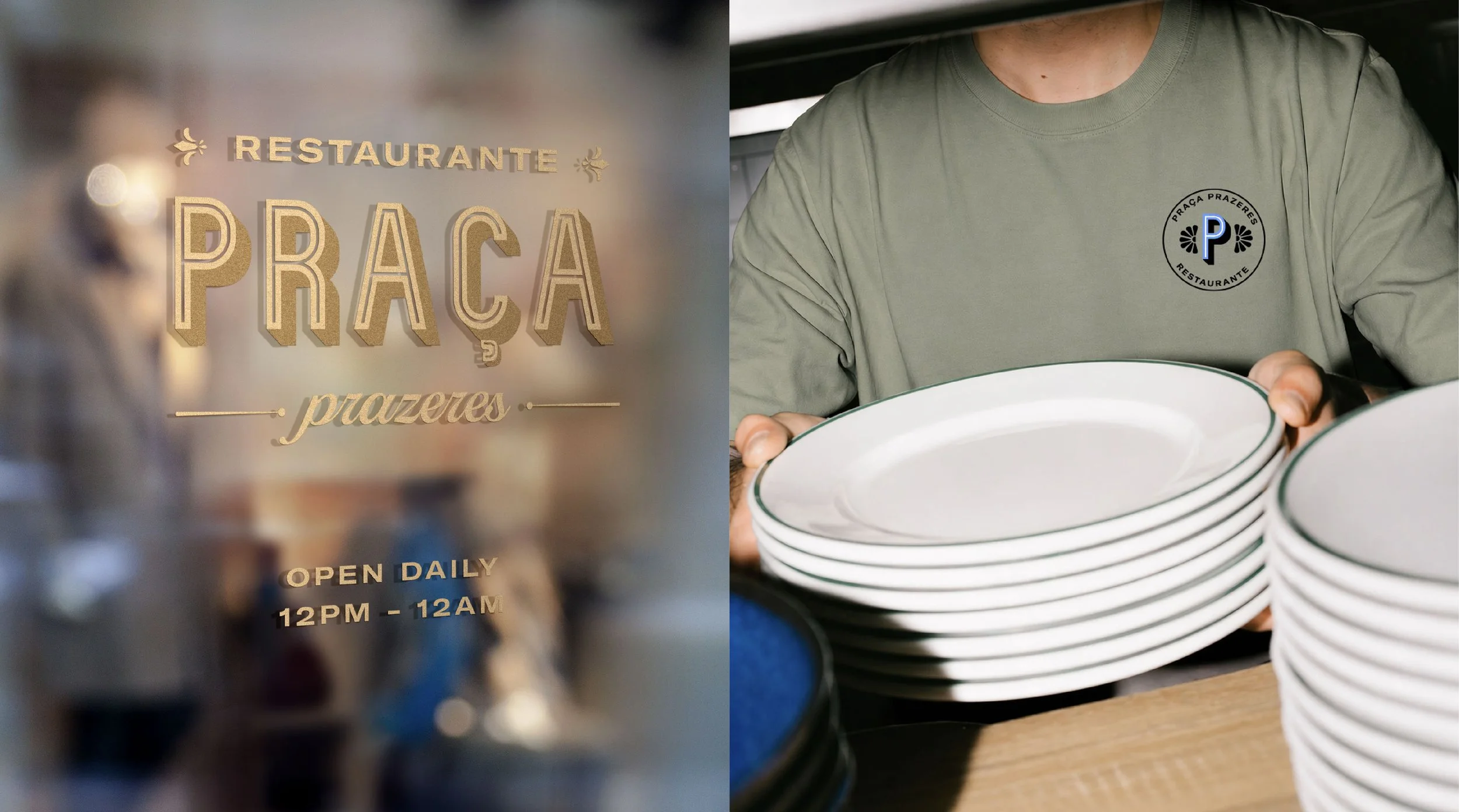 A sign for a restaurant named Praca that is open daily from 12 PM to 12 AM, with the background blurred. A person wearing a green shirt with the Praca logo on it is holding a stack of white plates with a green rim.