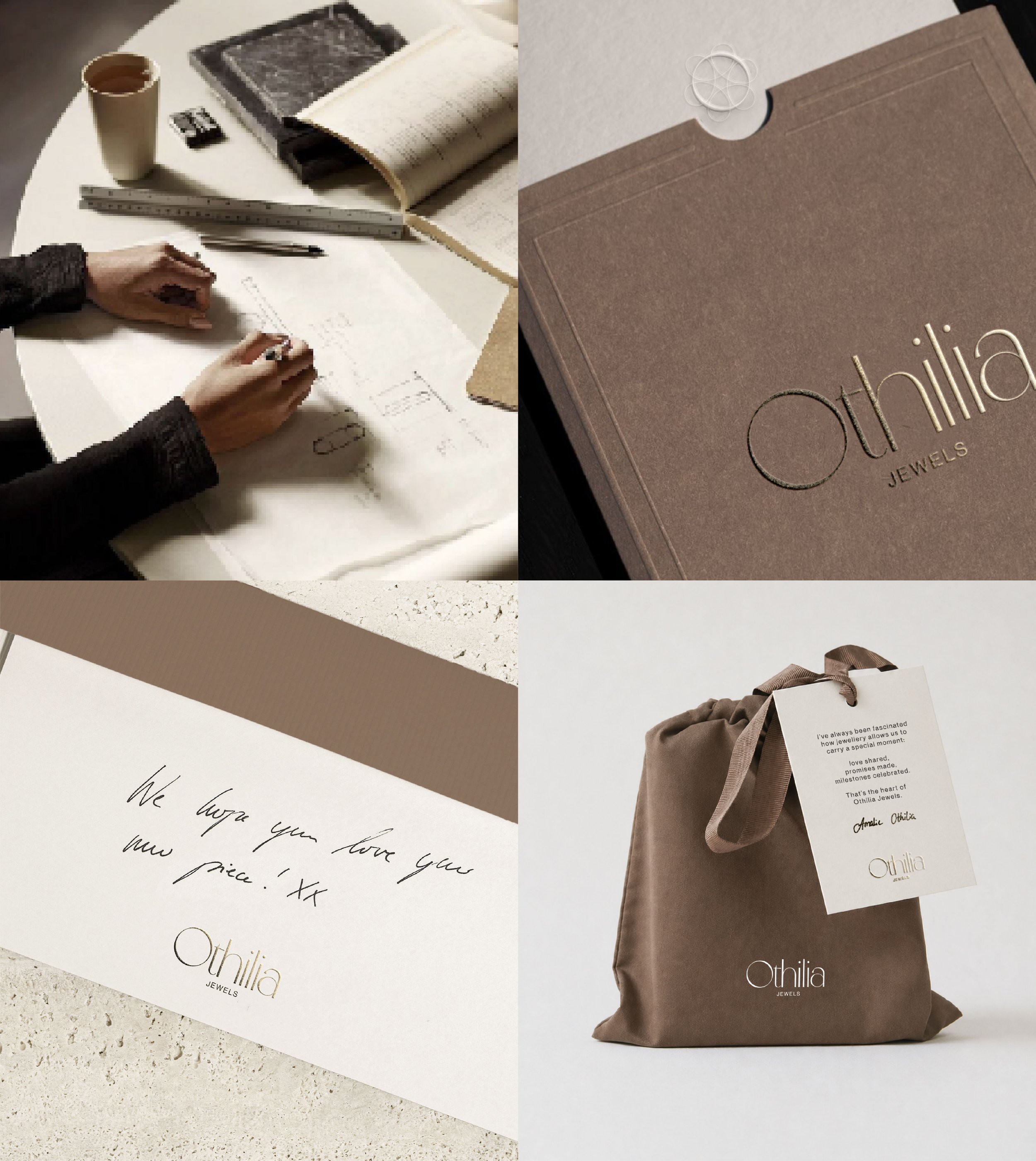 A collage of four images: the top left shows a workspace with a person sketching on paper, with open books, a ruler, a pen, and a coffee cup on a white table; the top right displays a closed brown box with the brand name 'Othilia Jewels' embossed; th
