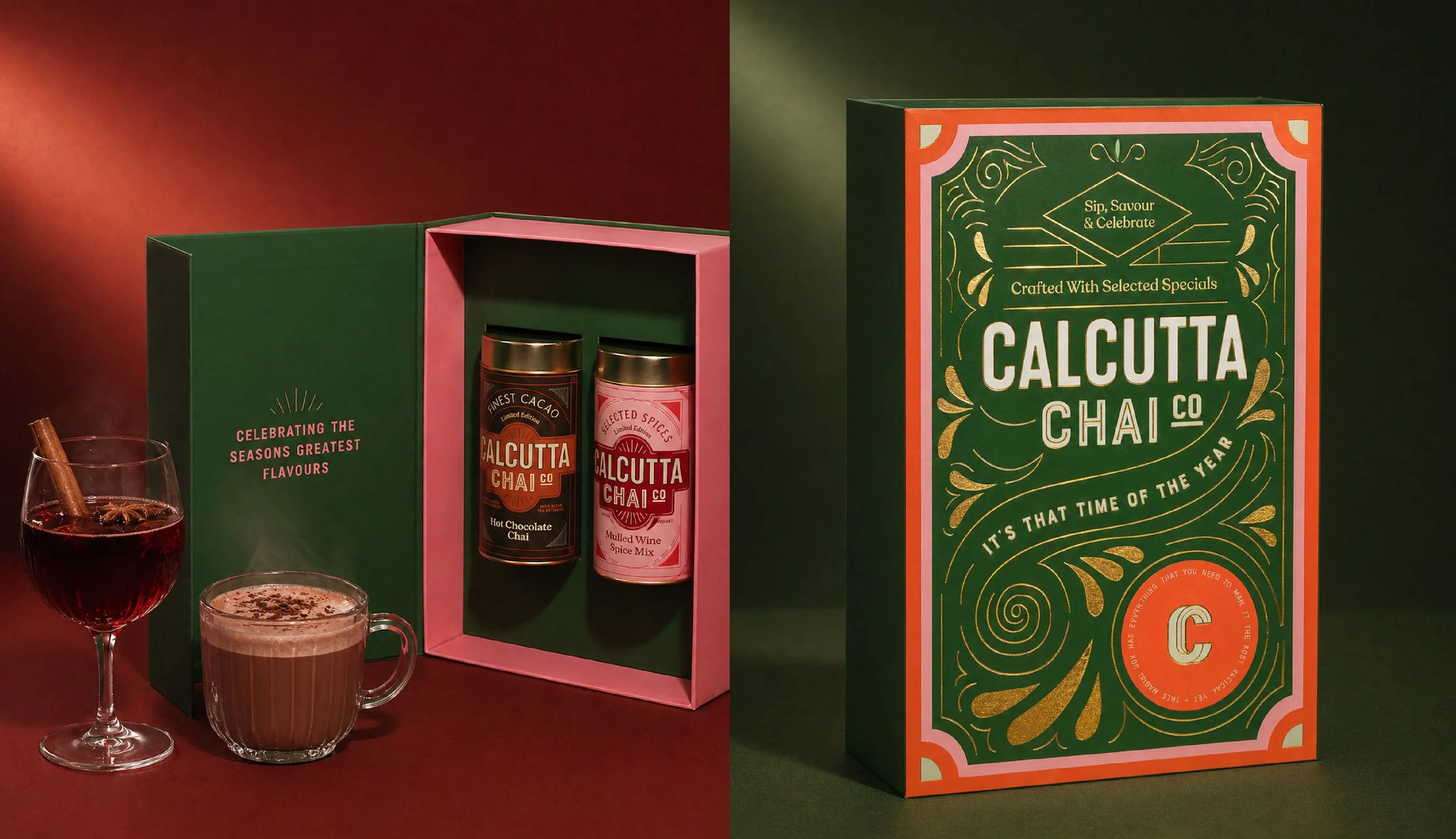 A boxed set of Calcutta Chai spice blends, with a box on a green background and glasses of hot beverage in front. The box features gold and pink accents and displays the words "Sip, Savour & Celebrate."