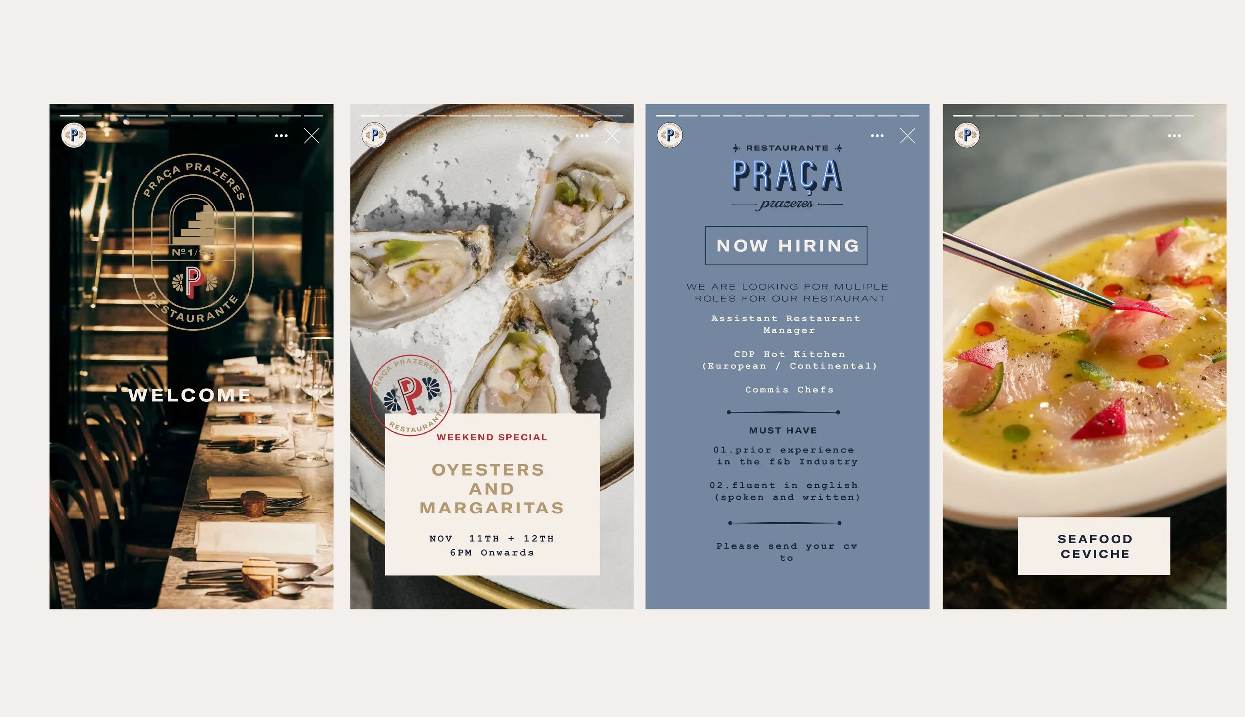 A series of images and advertisements for a restaurant called PraÇa Prazers, including a dining area, oyster dishes, a job hiring notice, and a seafood ceviche dish.
