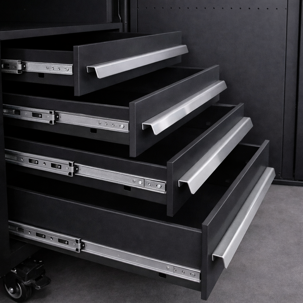 Open black drawer cabinet with three empty drawers, silver handles, and metal sliding rails, situated on a gray carpeted floor.