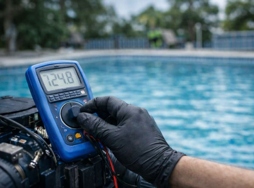 A person wearing a black glove uses a digital multimeter to measure electrical current near a swimming pool, with trees and a fence in the background.