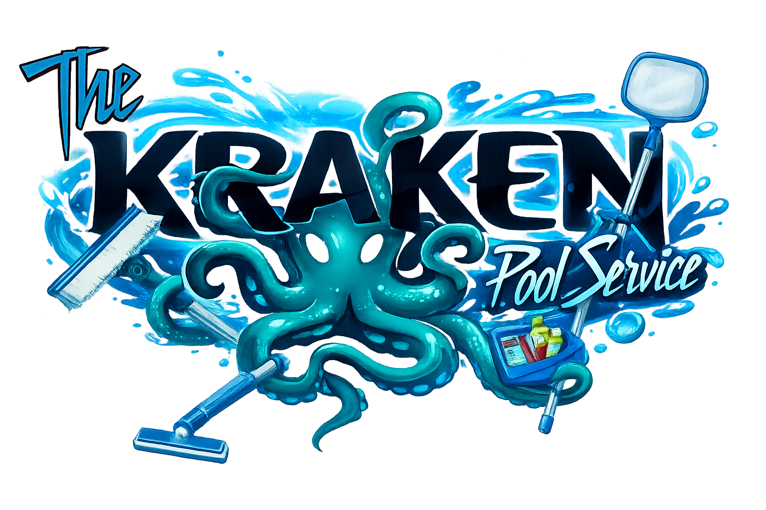 Neon sign for 'The Kraken Pool Service' featuring a large octopus holding cleaning tools.