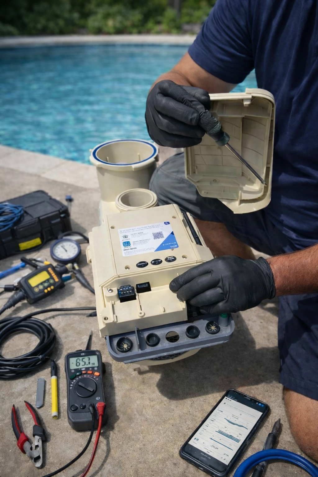 A Certified Pool Technician in black gloves working on Pool equipment near a swimming pool with tools on the ground.