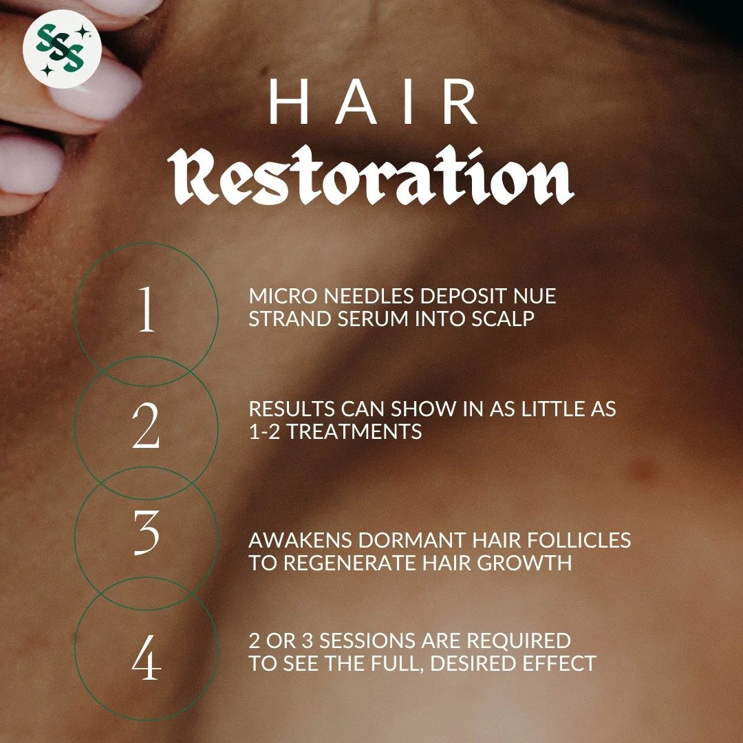 How does hair restoration work? Step by step: 
1. Micro needles deposit Nue Strand serum into the scalp. 
2. Results can show in as little as 1&ndash;2 treatments. 
3. The serum awakens dormant hair follicles to regenerate hair growth. 
4. Two or thr