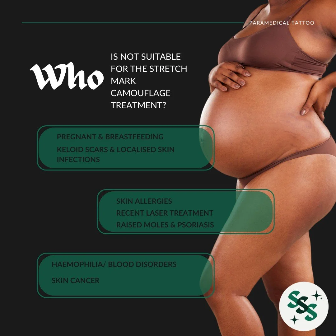 Transparency matters. Stretch mark camouflage isn't for everyone, and we'll always be upfront about that. It's not suitable if you're pregnant or breastfeeding, have keloid scars or localised skin infections, skin allergies, recent laser treatment, r