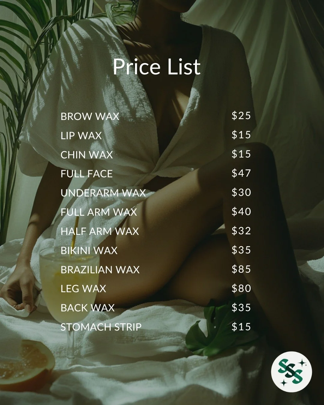Our waxing price list is here. 
Brow $25
lip $15
chin $15
full face $47
underarm $30
full arm $40
half arm $32
bikini $35
Brazilian $85
leg $80
back $35
stomach strip $15

Something for everyone. Book your appointment &mdash; link in bio.

Book now a