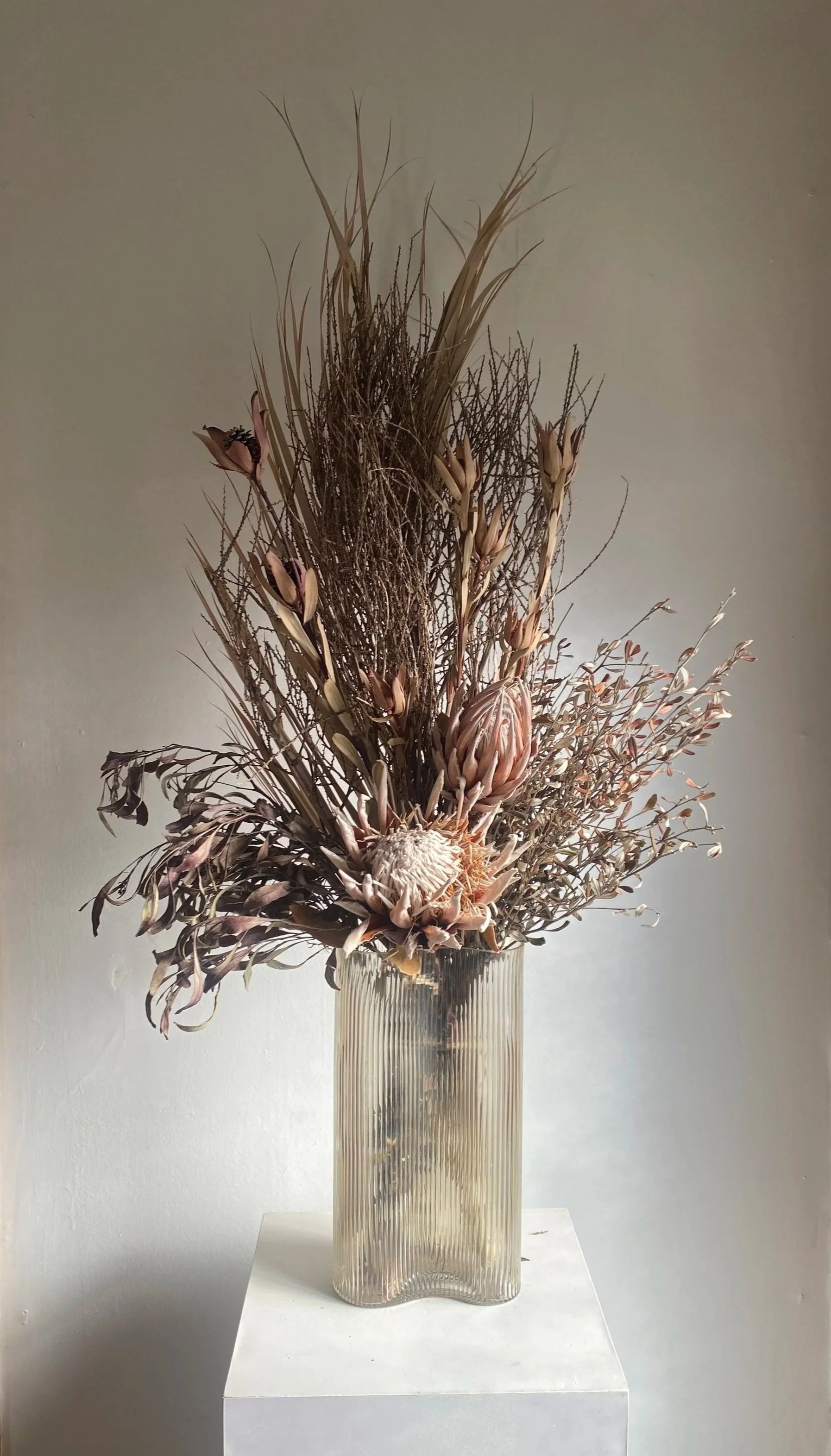 XL King protea + tī kōuka seed in vase