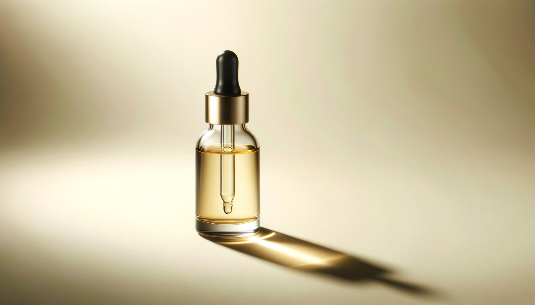 A glass dropper bottle filled with yellowish liquid, with a rubber bulb on top, casting a shadow on a light background.