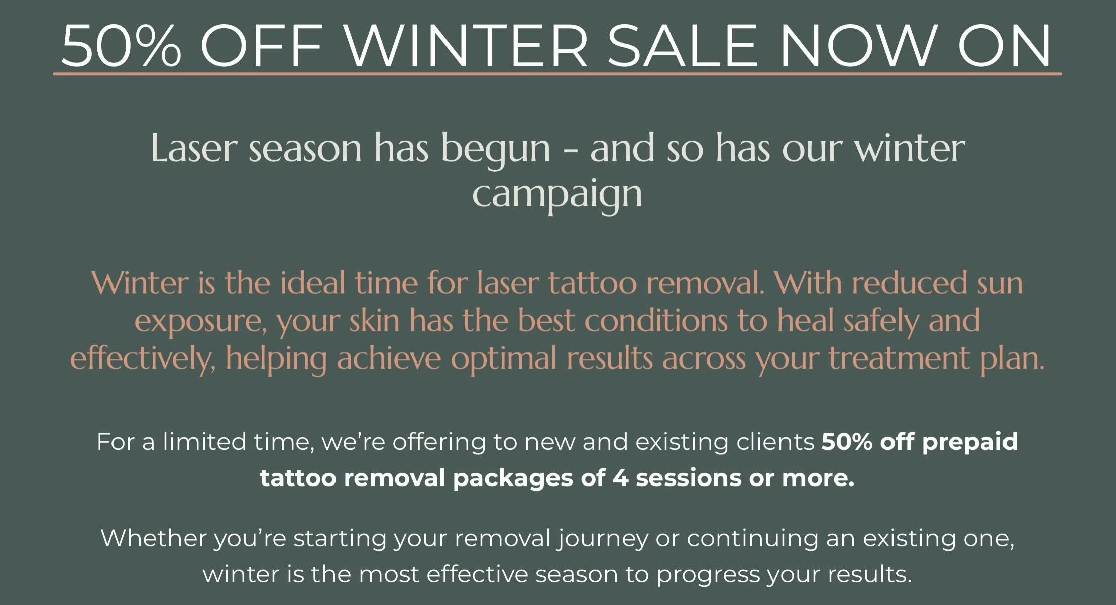Winter (AKA laser season) is here ❄️

We&rsquo;re offering 50% off prepaid sessions of 4 or more!

Secure your discounted sessions now - thank yourself later.

Follow the link in our bio to book.