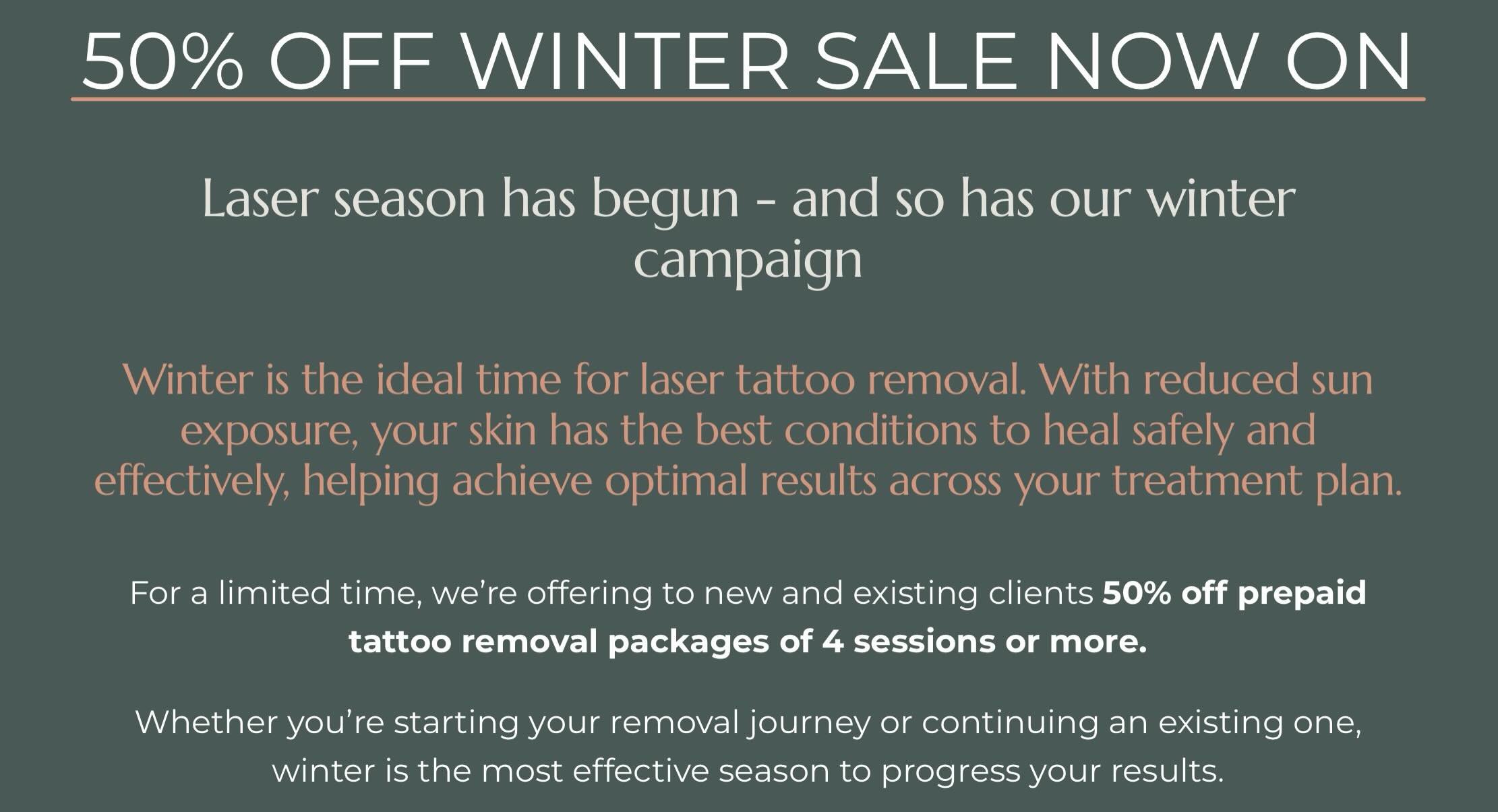 Winter (AKA laser season) is here ❄️

We&rsquo;re offering 50% off prepaid sessions of 4 or more!

Secure your discounted sessions now - thank yourself later.

Follow the link in our bio to book.