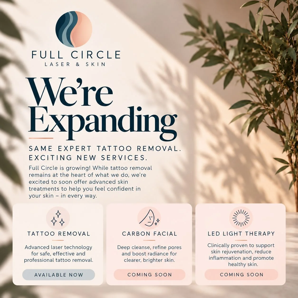 A new chapter for Full Circle Tattoo Removal ✨

Introducing Full Circle Laser &amp; Skin, an evolution of the clinic you know and love, offering more ways to care for your skin while keeping laser tattoo removal at the heart of what we do.

Our next 