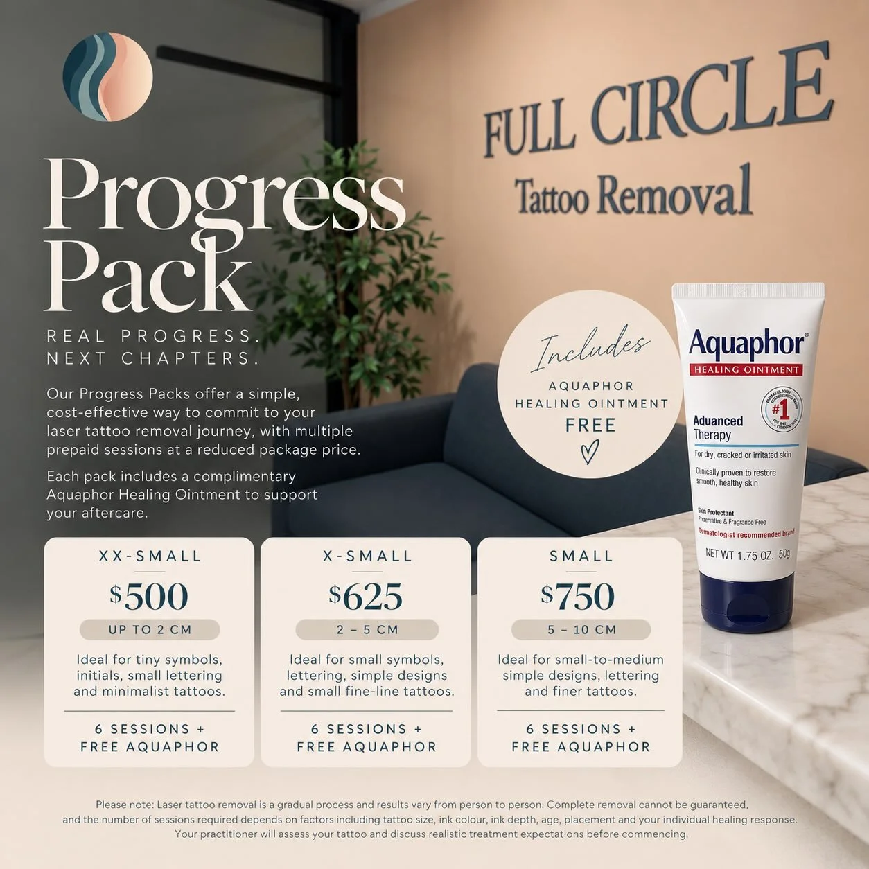 ✨ THE PROGRESS PACK ✨

Ready to make meaningful progress towards removing your tattoo?

Our new Progress Packs make it easier to commit to your laser tattoo removal journey. Purchase 6 prepaid sessions at a reduced package price plus a FREE Aquaphor 