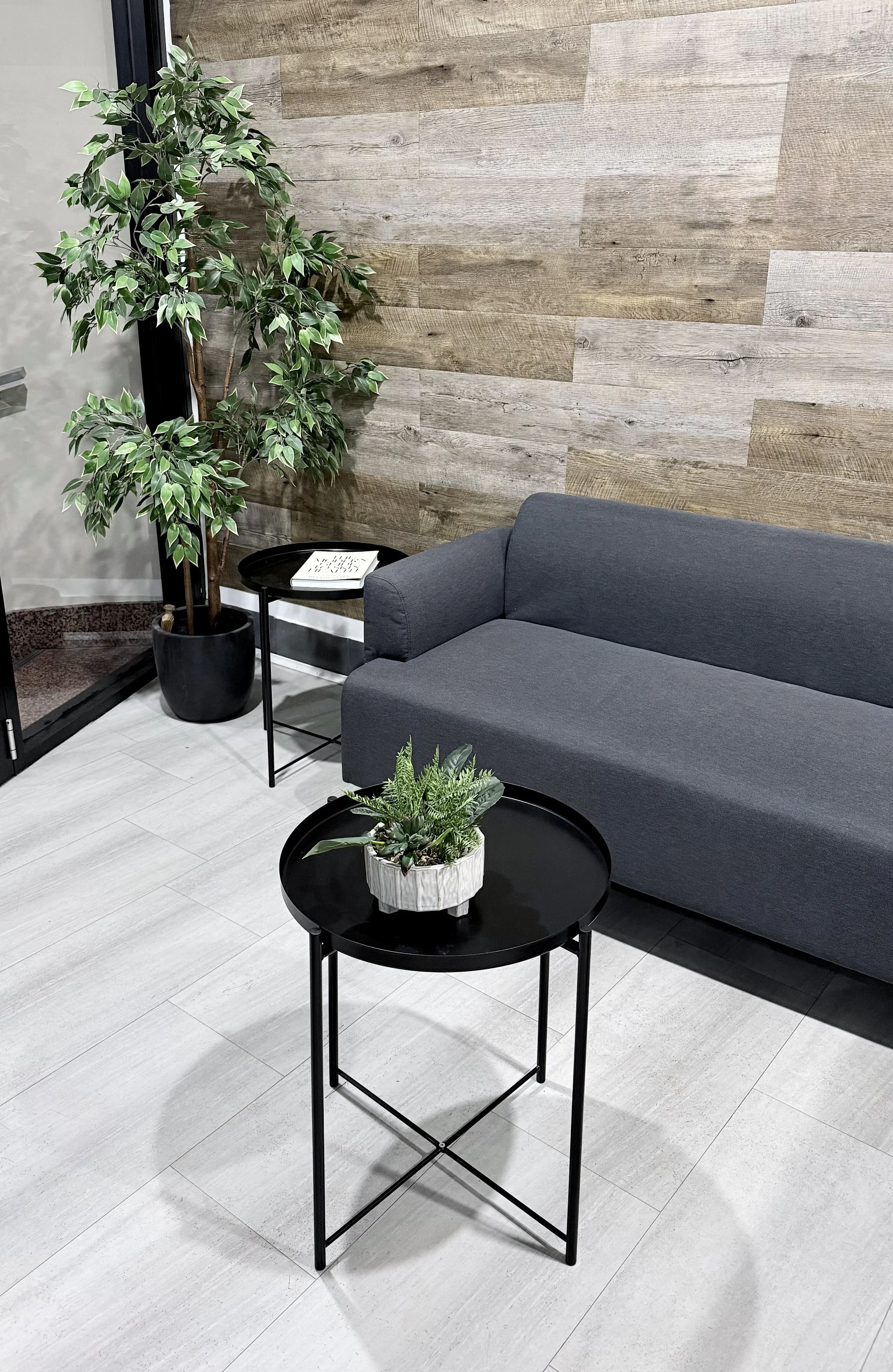 A modern waiting area with a gray sofa, a small black round table with a white pot plant, a larger black table with a leafy green plant, a potted tree, and a wood-paneled accent wall.