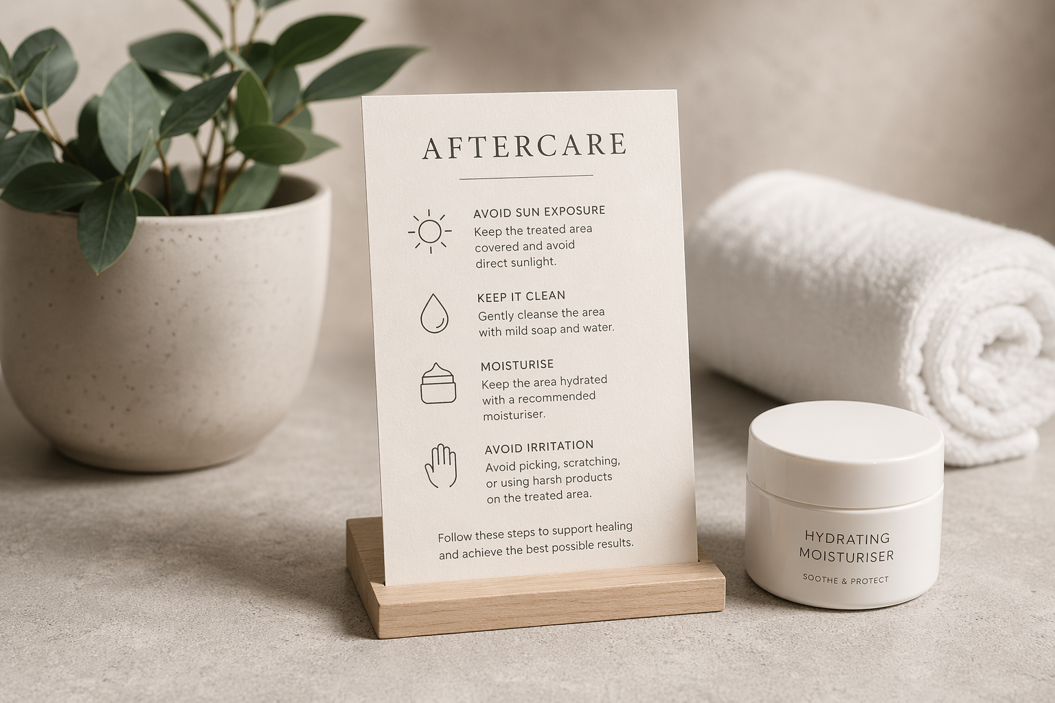 A potted green plant, a white towel, a white jar of hydrating moisturizer, and an informational sign about aftercare steps for skincare placed on a wooden stand, all on a beige surface.