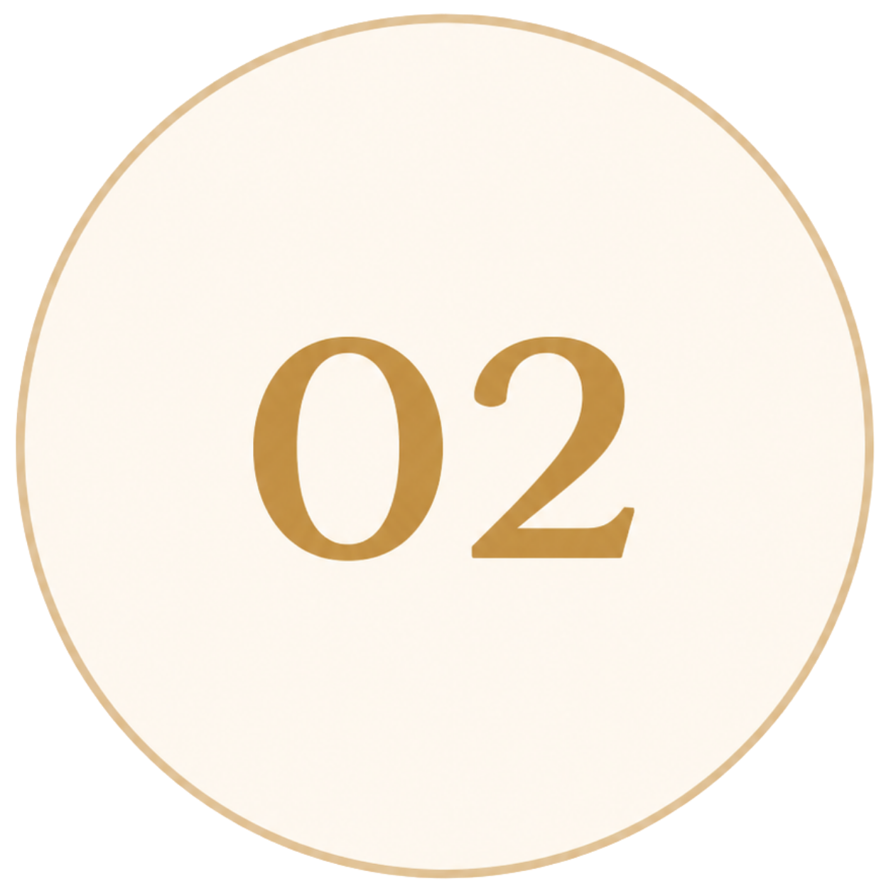 Circular sign with the number 02 in gold color on a light background.