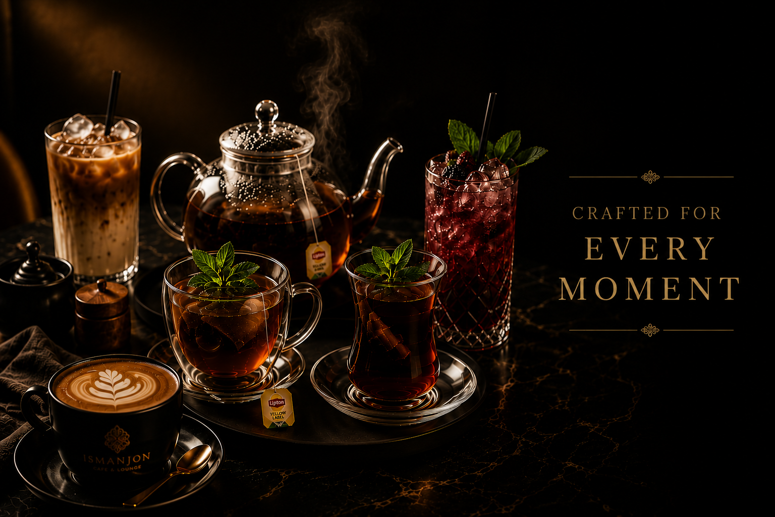 A dark table with various drinks including coffee, tea, and iced beverages, along with a teapot, sugar jars, and mint garnishes, with the text 'Crafted for Every Moment' on the right.