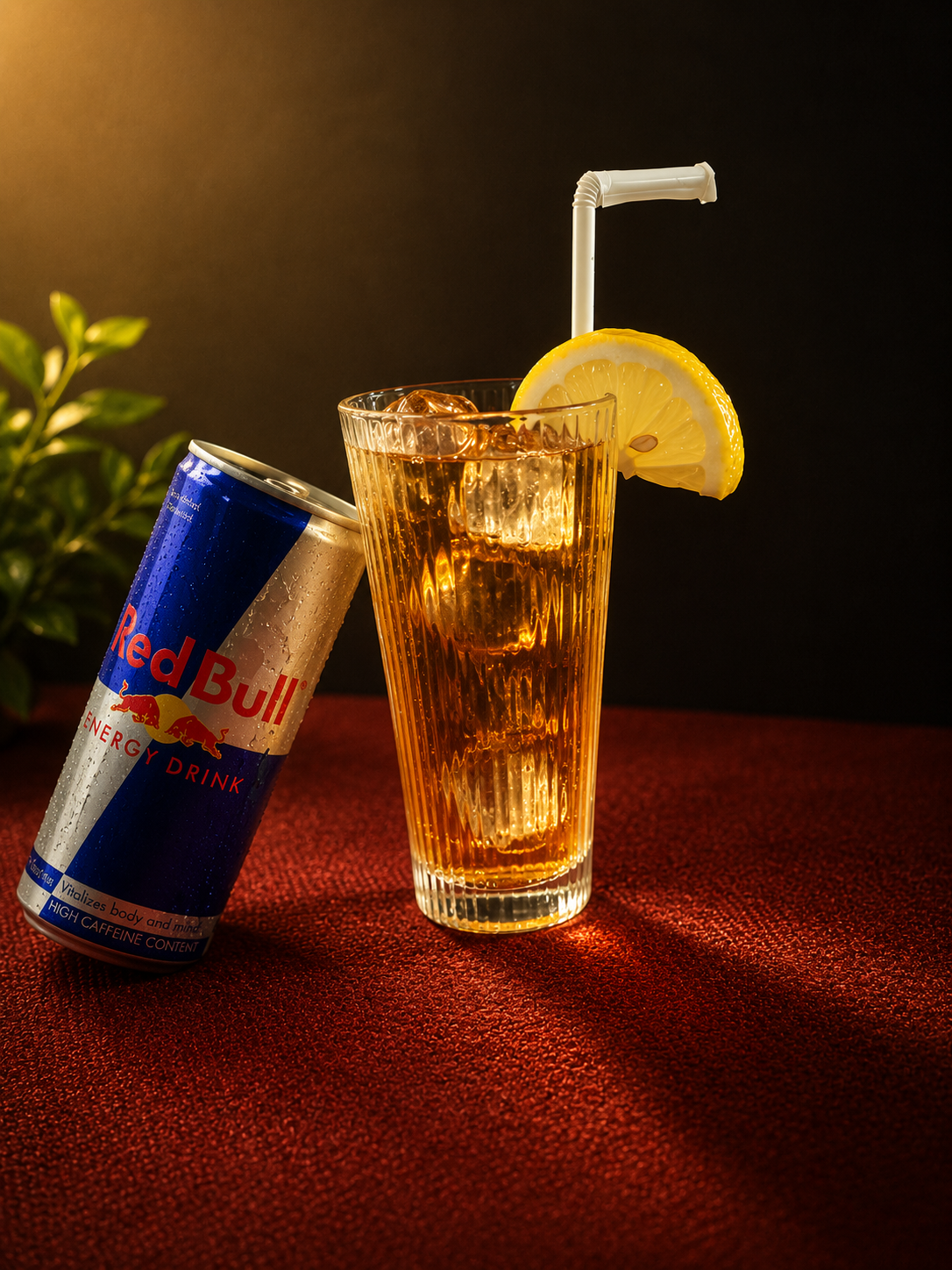 A glass of iced tea with a lemon slice and straw, with a can of Red Bull energy drink tilted next to it on a red textured surface, against a dark background.