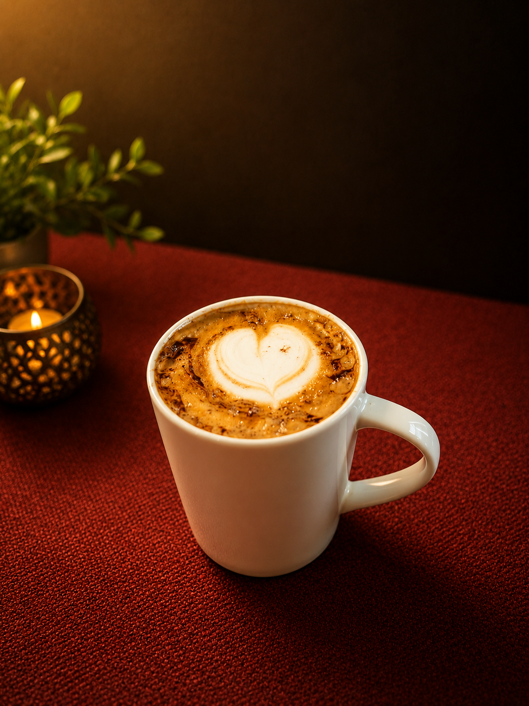 A white ceramic mug filled with coffee topped with foam art in the shape of a heart, placed on a red textured table near a small plant and a lit candle in a decorative holder.