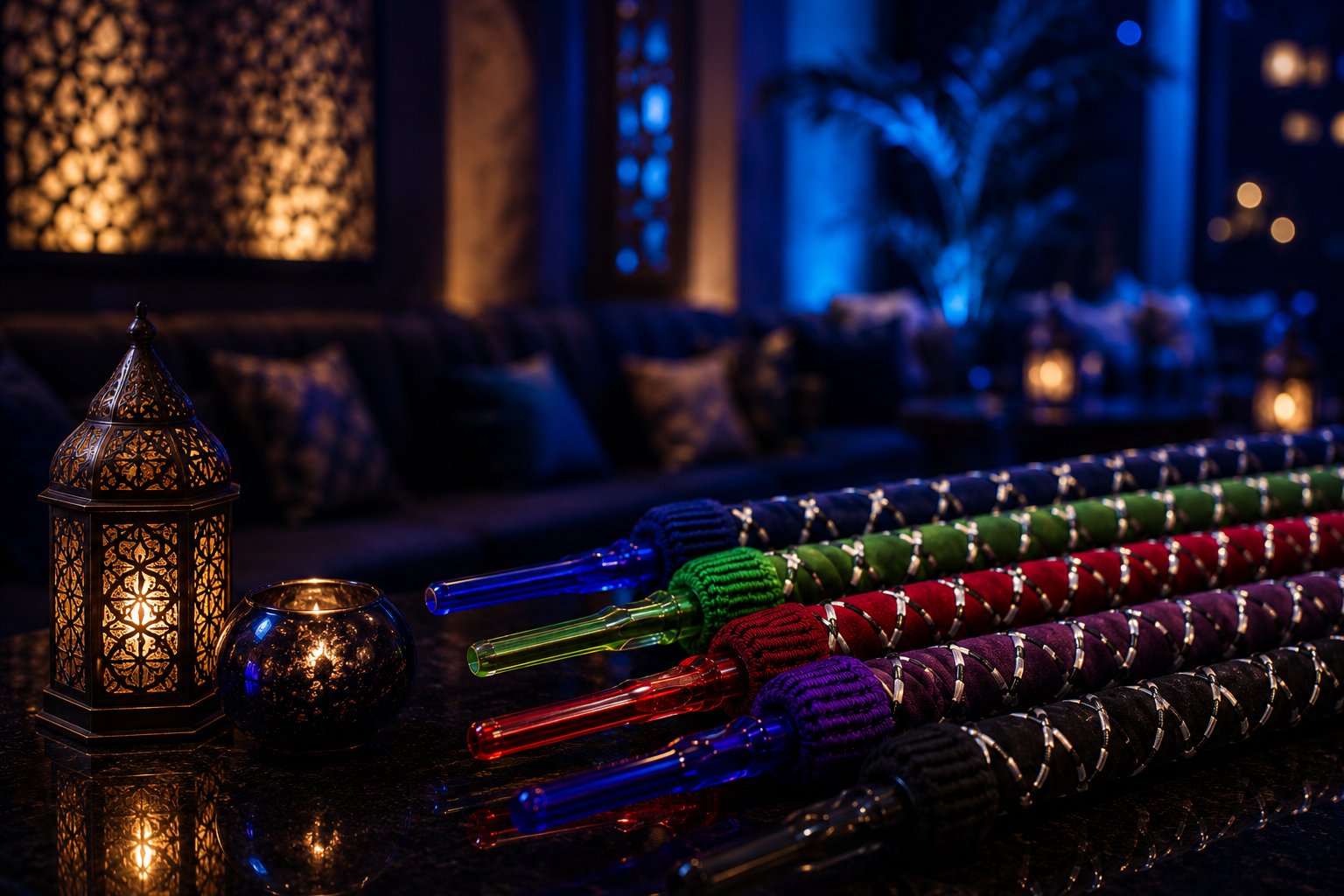 Colorful hookah pipes with decorative coverings, a lantern, and a candle holder on a dark table in a dimly lit lounge or restaurant setting.